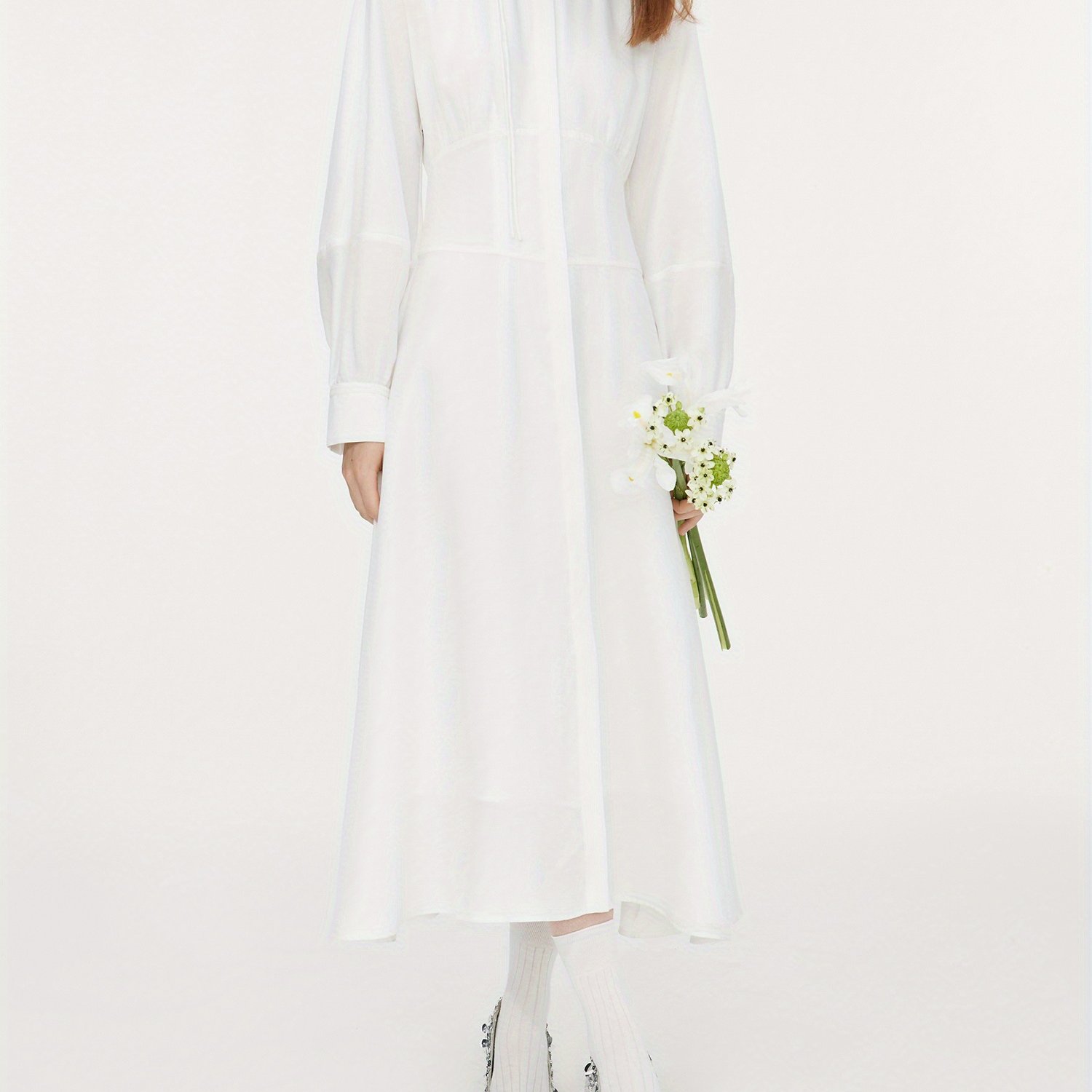 Solid Color Crew Neck Dress, Elegant Long Sleeve Ankle Length Dress For Spring & Fall, Women's Clothing