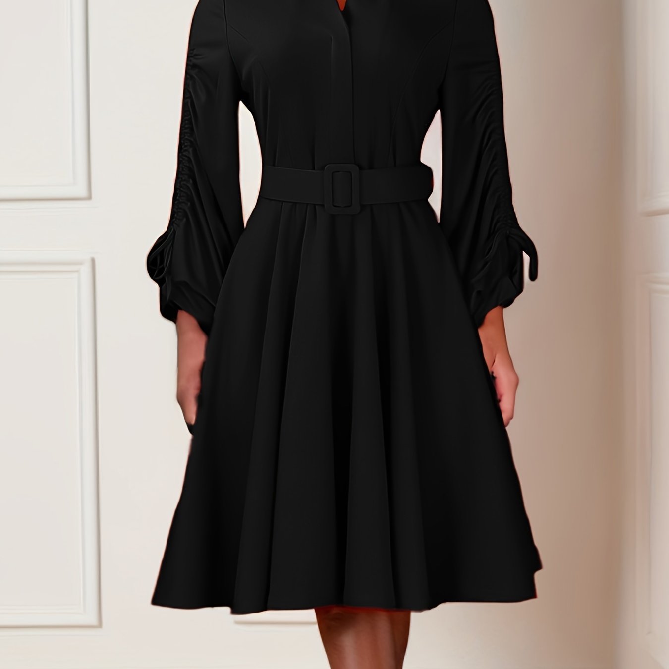 Fashionable V-Neck Drawstring Pleated Elegant Dress