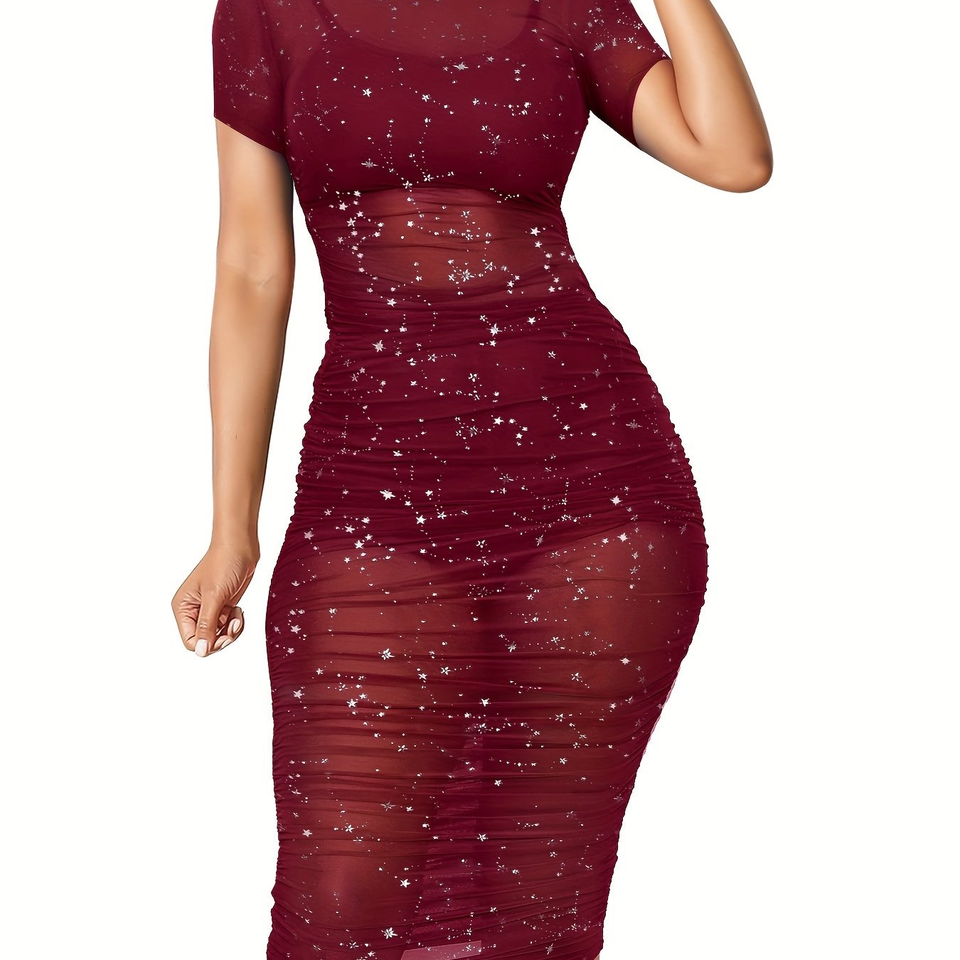 3 Piece Outfits For Women Glitter See Through Short Sleeve Ruched Mesh Dress With Crop Tops And Shorts