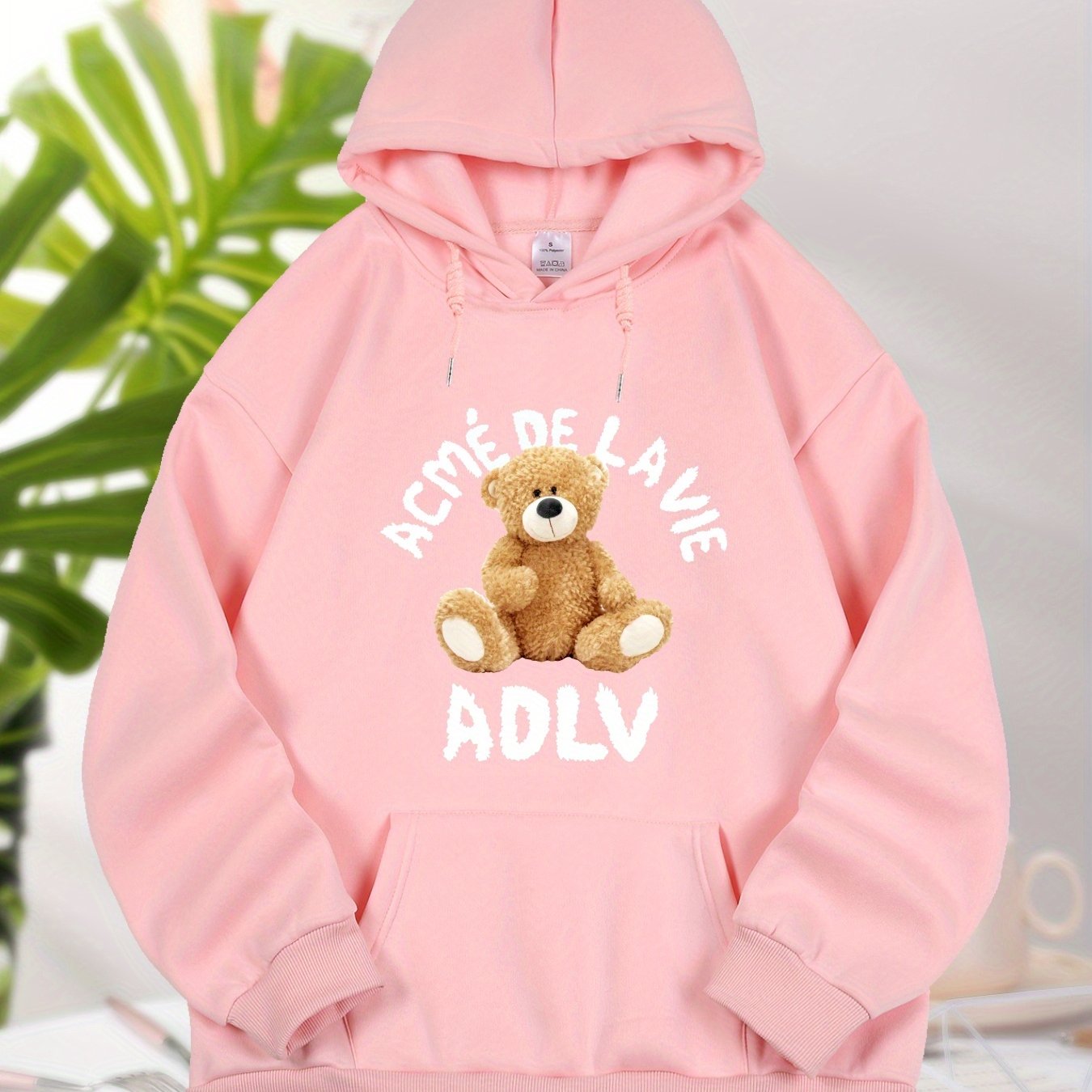 Bear And Letter Graphic Long Sleeve Hooded Sweatshirt, Fashion Drawstring Kangaroo Pocket Hoodie, Women's Clothing
