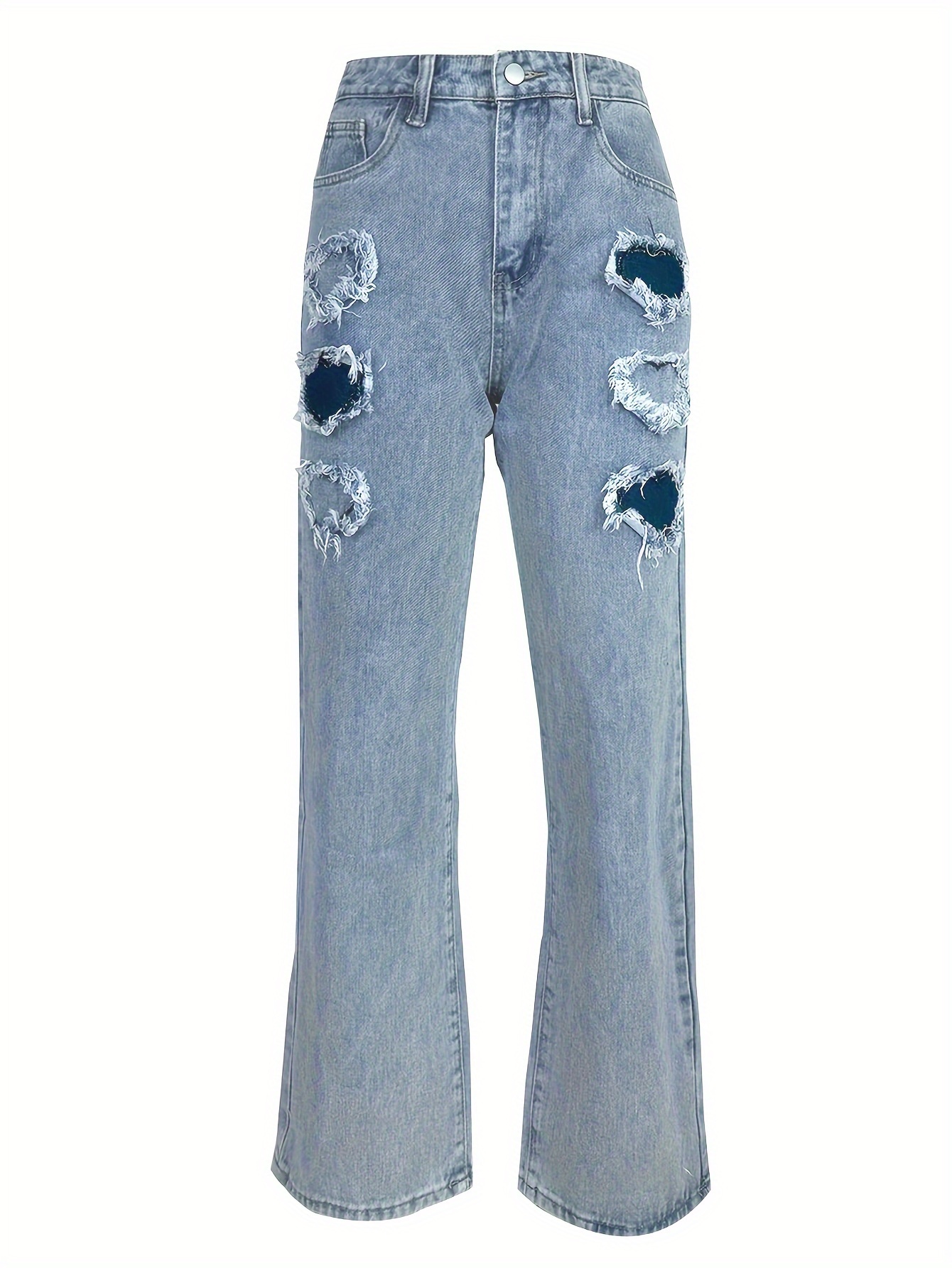 Women's Street Style Heart Raw Detail High-Waisted Distressed Straight Leg Jeans Cute Denim Pants