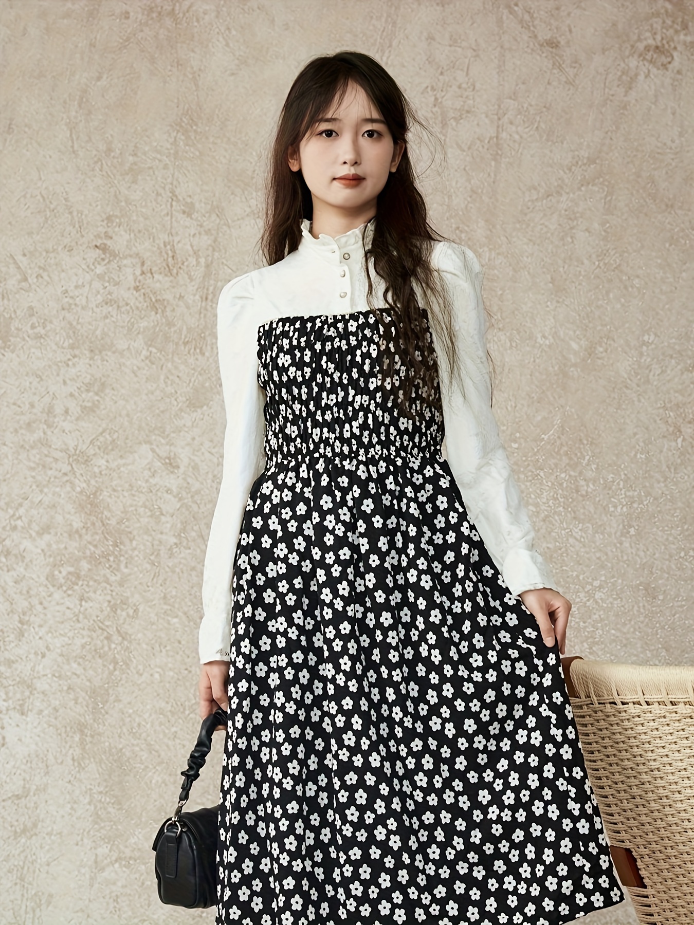 Floral Print 2 In 1 Dress, Elegant Ruffle Trim Long Sleeve Button Front Smock Mixed Media Dress For Spring & Fall, Women's Clothing