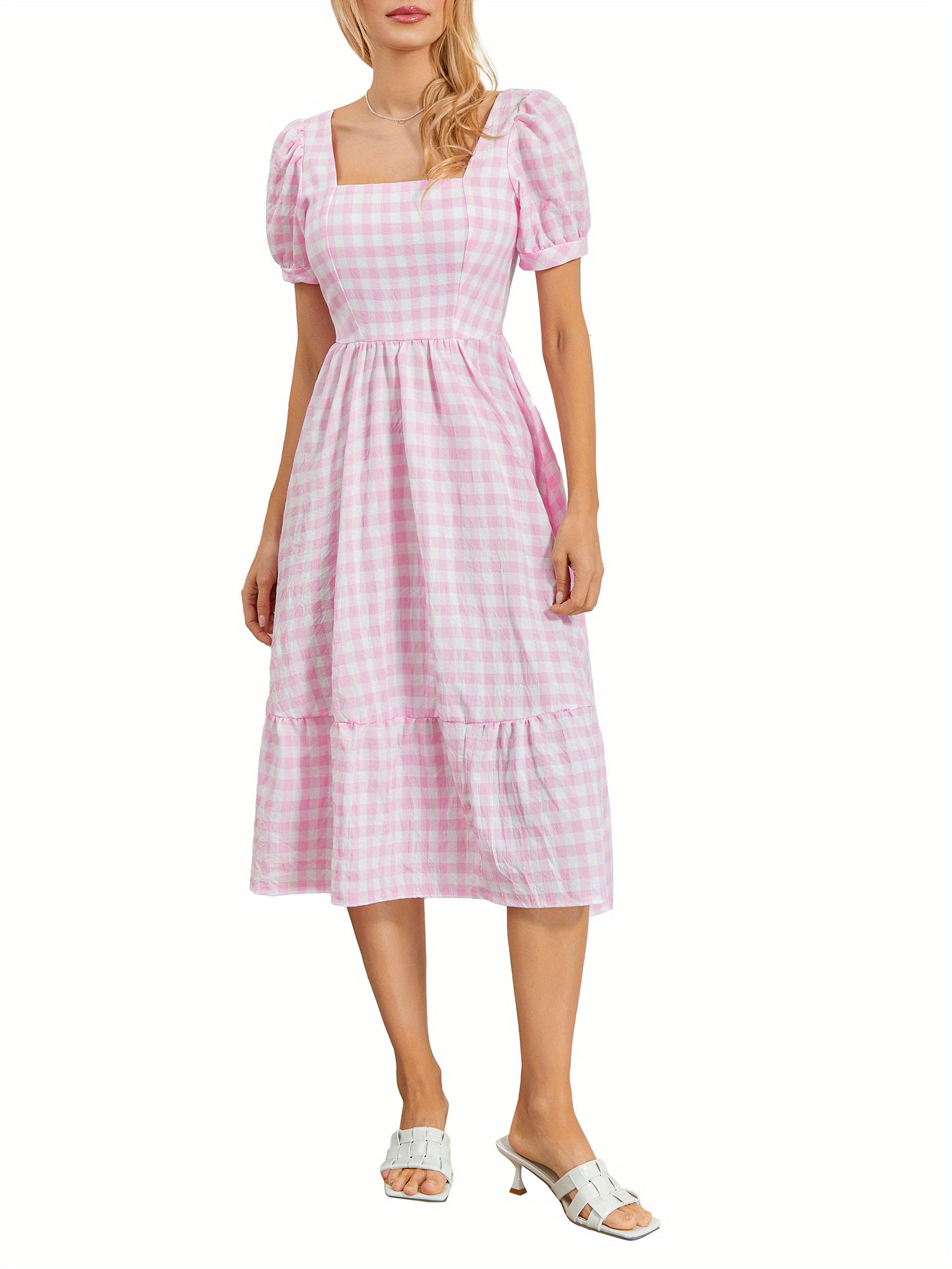 Gingham Print Square Neck Midi Dress, Casual Puff Sleeve A Line Dress For Spring & Summer, Women's Clothing