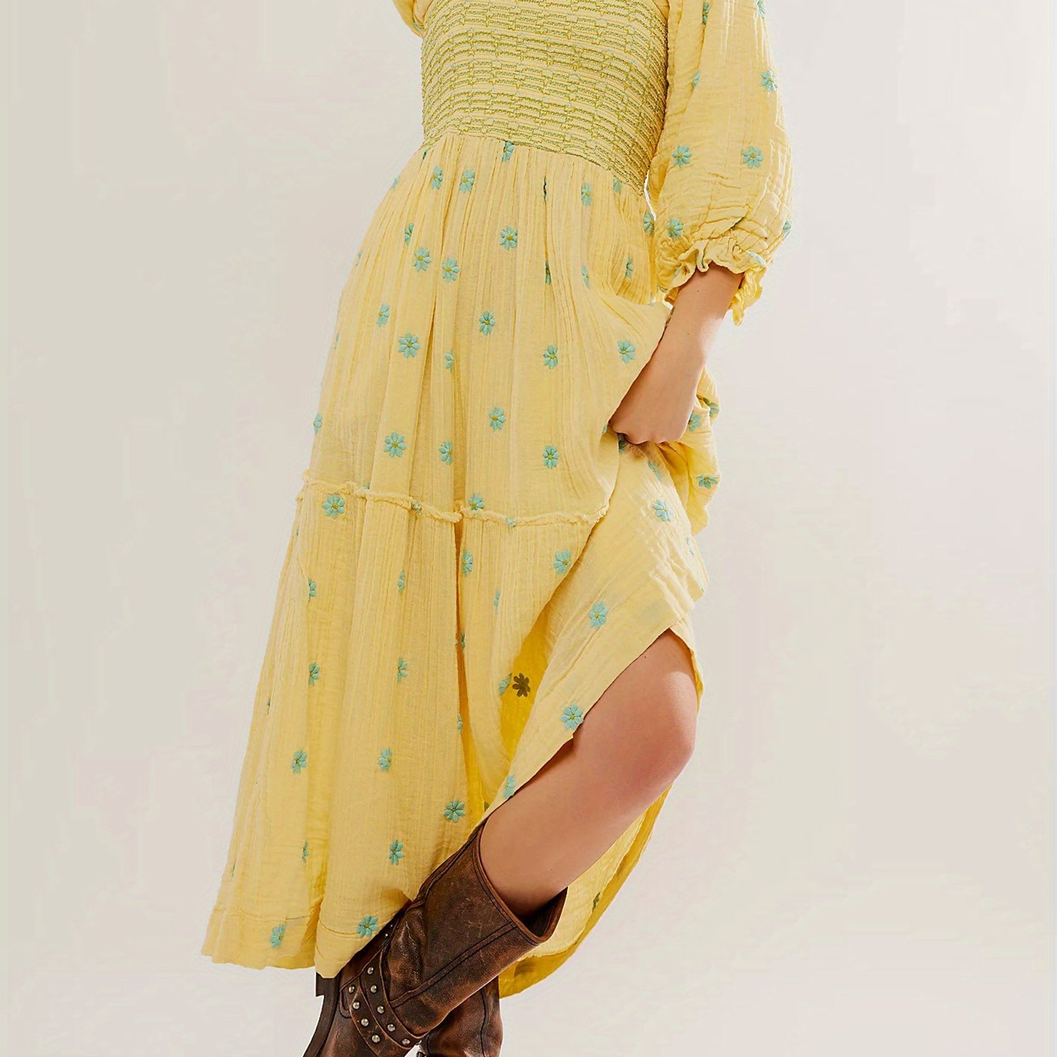 Women Summer Casual Long Dress 3D Embroidered Flowers Square Neck Puff Sleeve Dress Fashion Backless A-line Dress