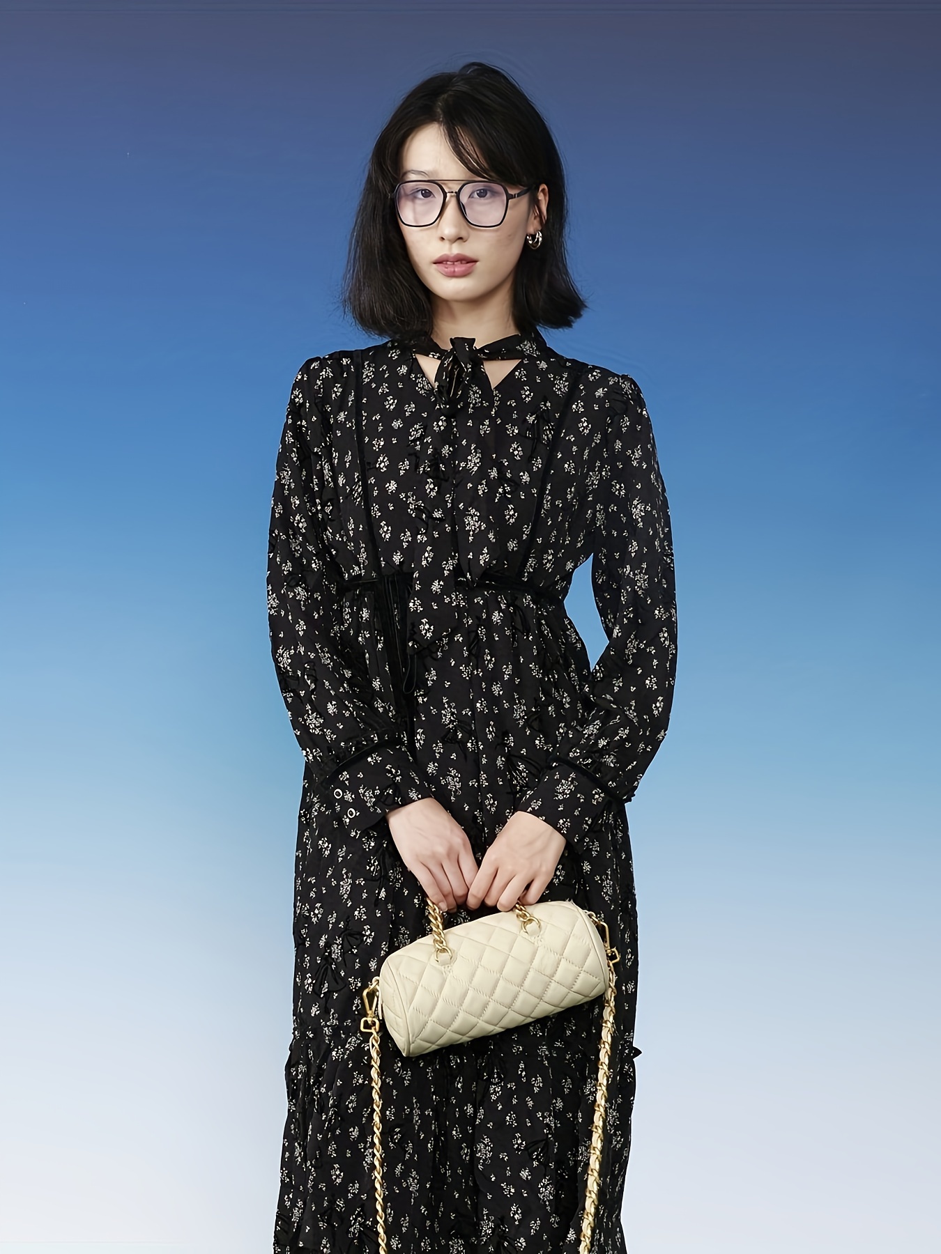 Floral Print Tie Neck Dress, Casual Long Sleeve Knee Length Dress For Spring & Fall, Women's Clothing