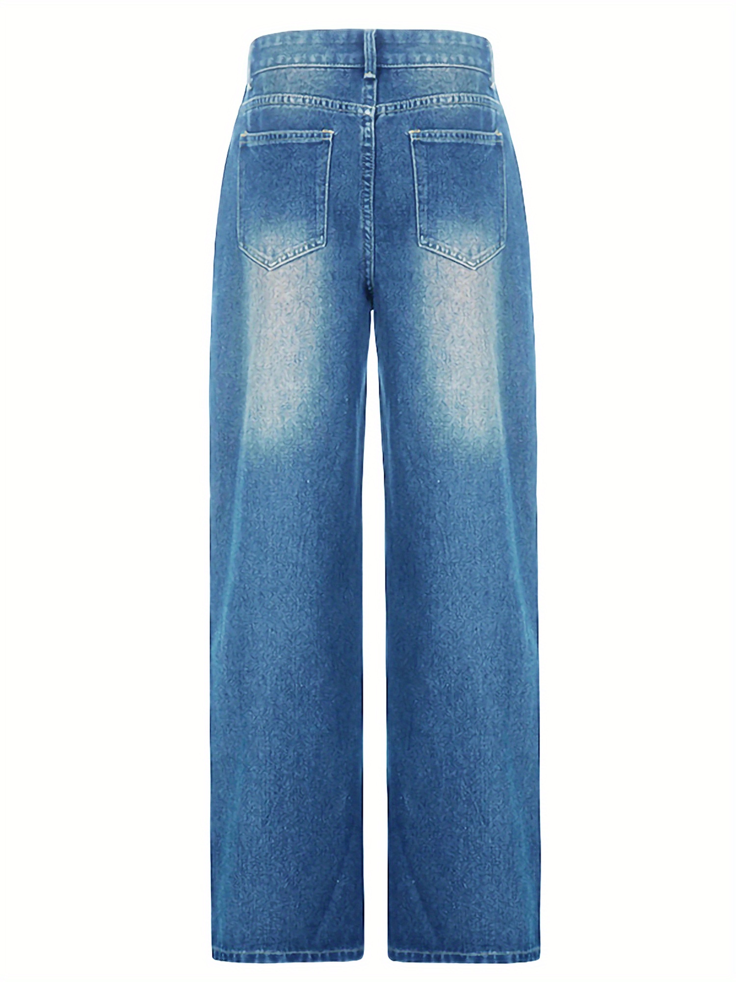Straight Leg Distressed Washed Casual Style Zipper Button Closure Denim Pants, Women's Denim Jeans & Clothing