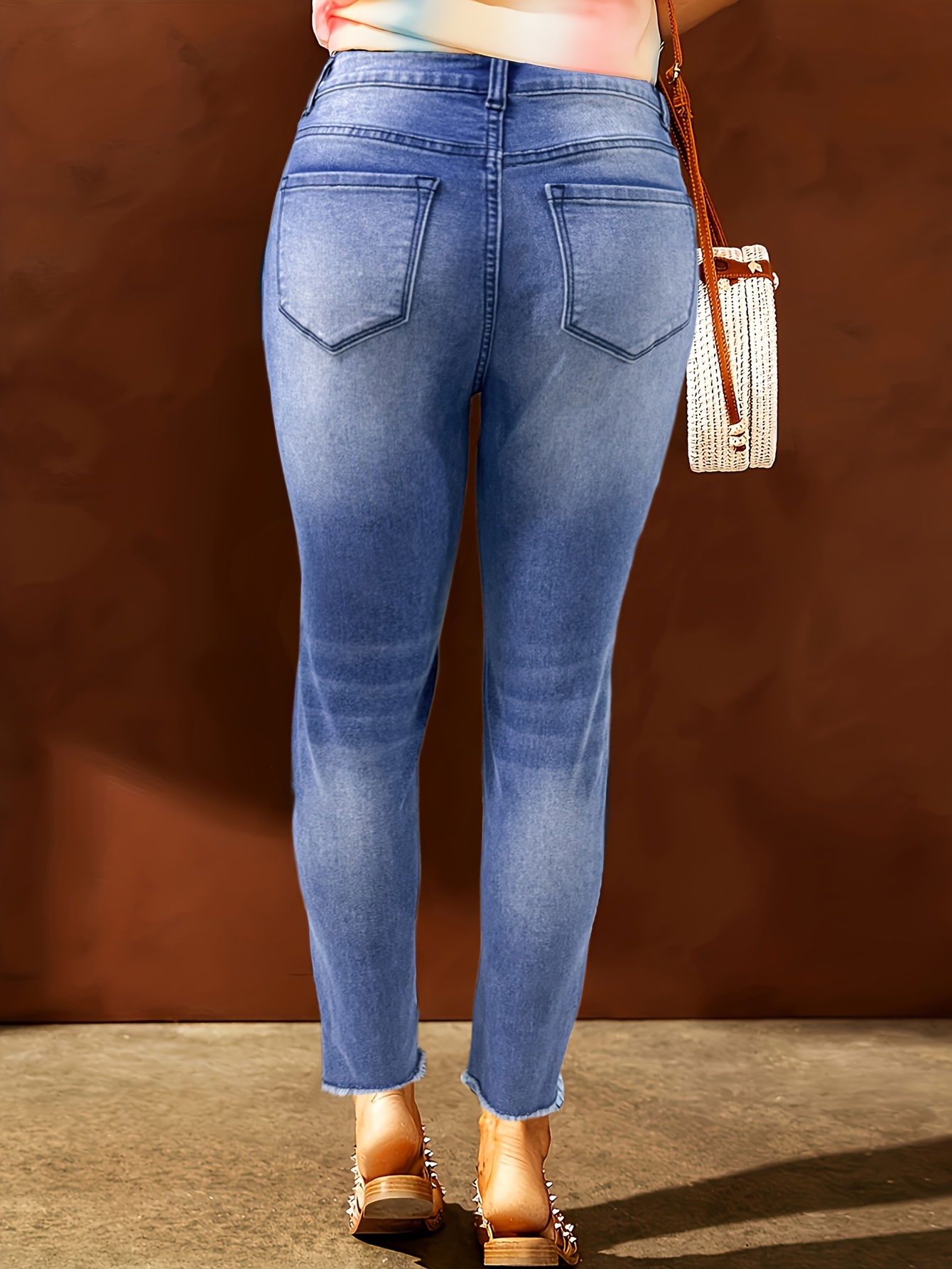 Leopard Print Ripped Patchwork Raw Hem Streetwear Retro Style Jeans, Women's Denim Jeans & Clothing