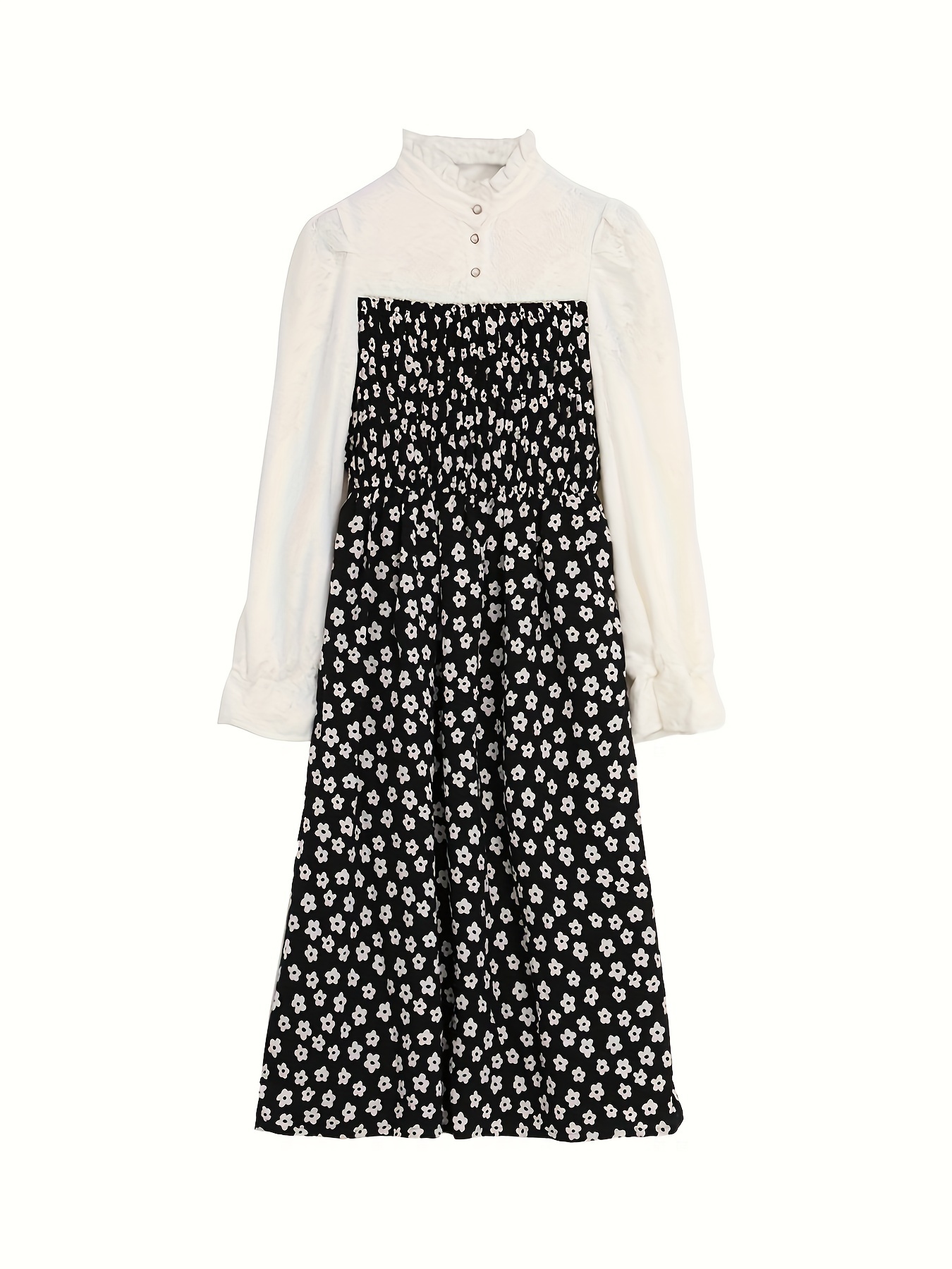 Floral Print 2 In 1 Dress, Elegant Ruffle Trim Long Sleeve Button Front Smock Mixed Media Dress For Spring & Fall, Women's Clothing
