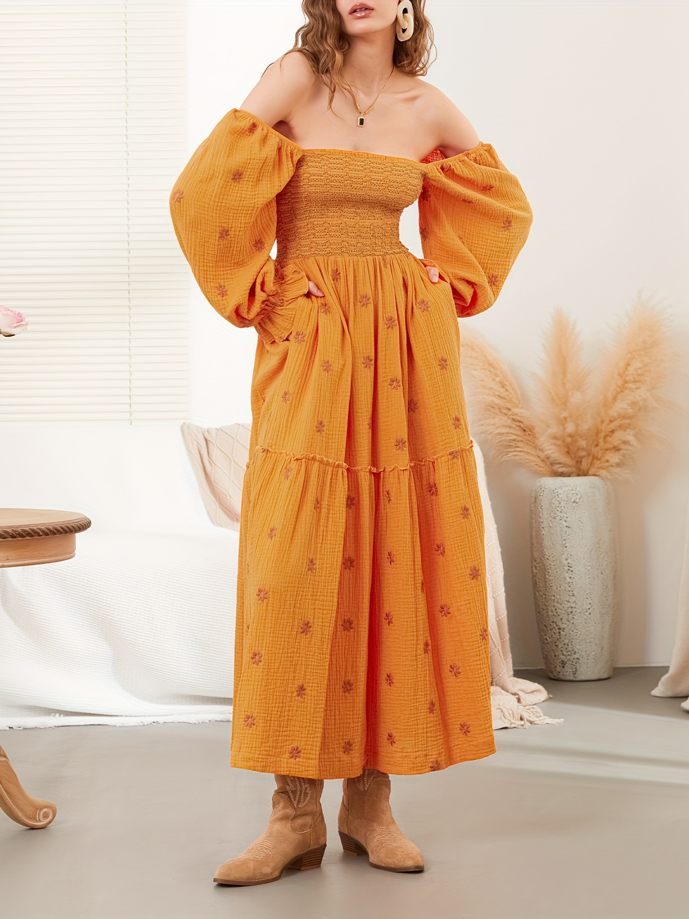 Women Summer Casual Long Dress 3D Embroidered Flowers Square Neck Puff Sleeve Dress Fashion Backless A-line Dress