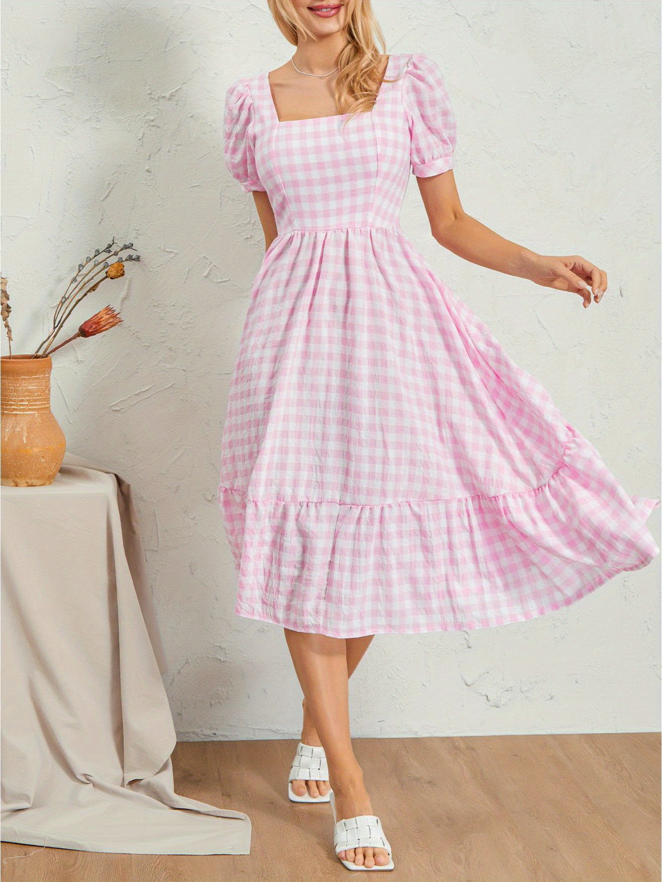 Gingham Print Square Neck Midi Dress, Casual Puff Sleeve A Line Dress For Spring & Summer, Women's Clothing