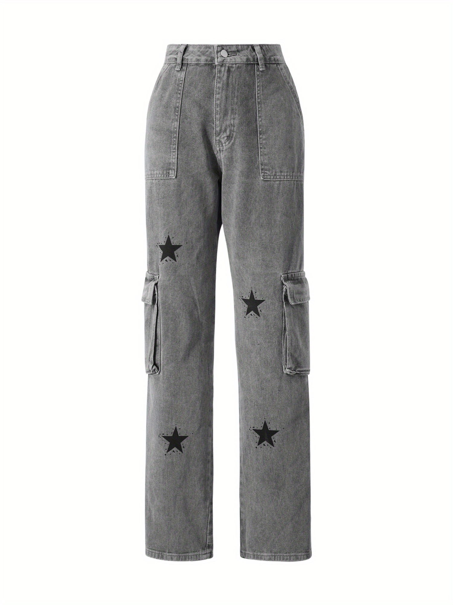 Women Straight Denim Pants, Big Pockets Star Print Long Pants Street Casual Fall Spring Trousers