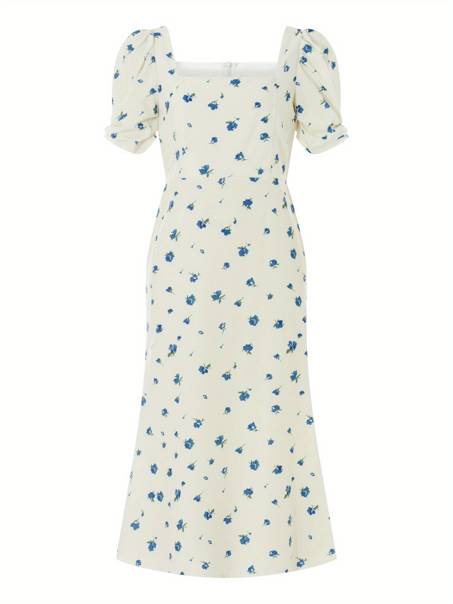 Floral Print Square Neck Midi Dress, Elegant Puff Sleeve A Line Dress For Spring & Summer, Women's Clothing