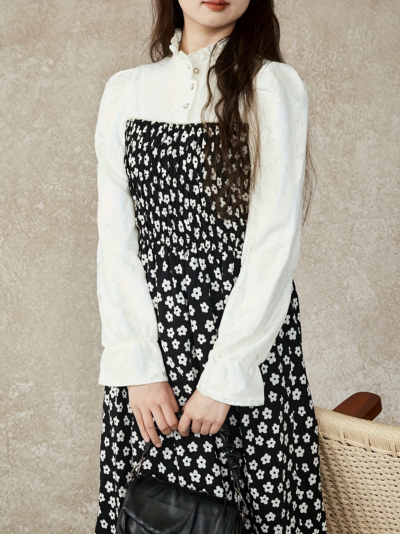 Floral Print 2 In 1 Dress, Elegant Ruffle Trim Long Sleeve Button Front Smock Mixed Media Dress For Spring & Fall, Women's Clothing