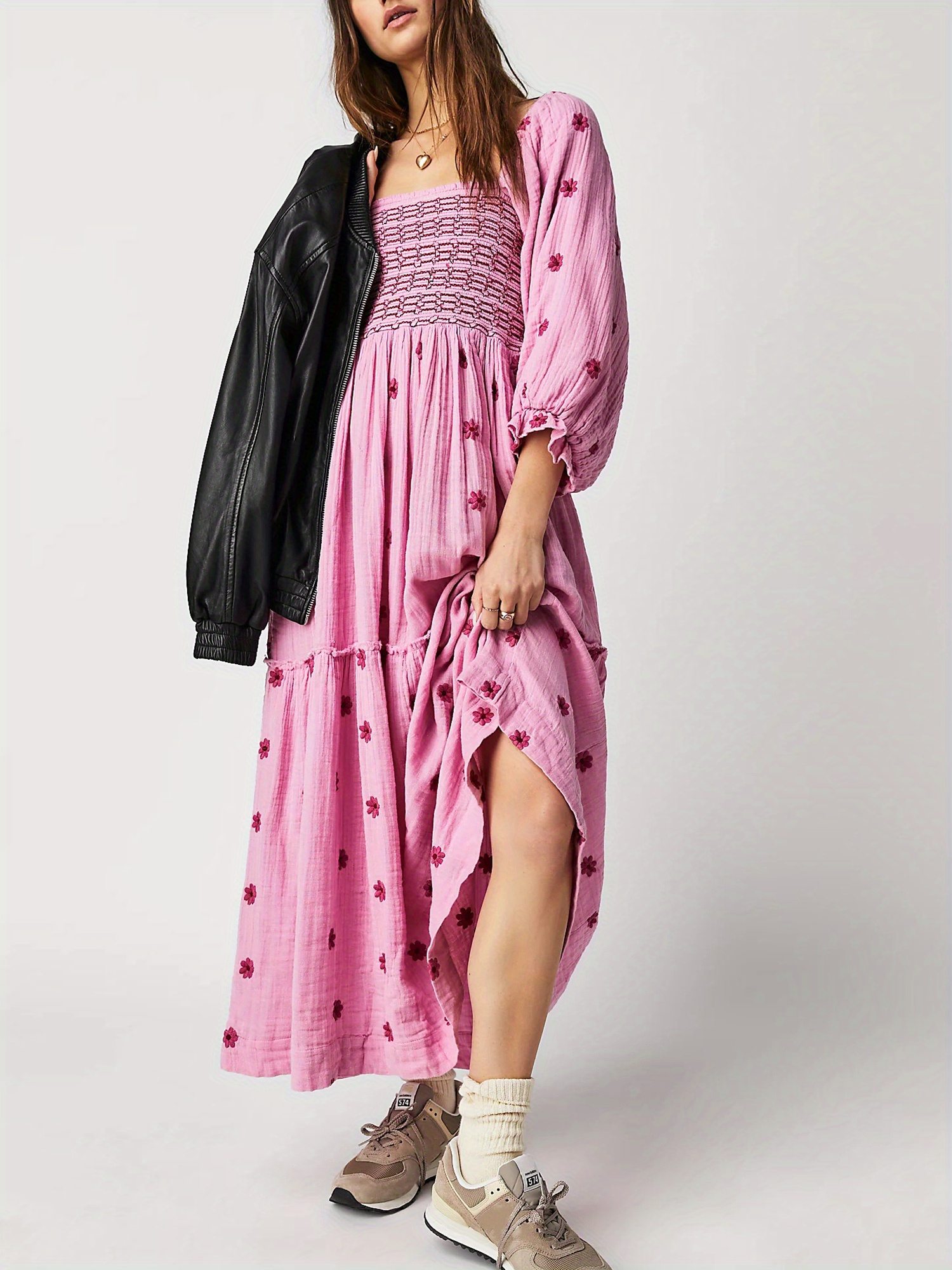 Women Summer Casual Long Dress 3D Embroidered Flowers Square Neck Puff Sleeve Dress Fashion Backless A-line Dress
