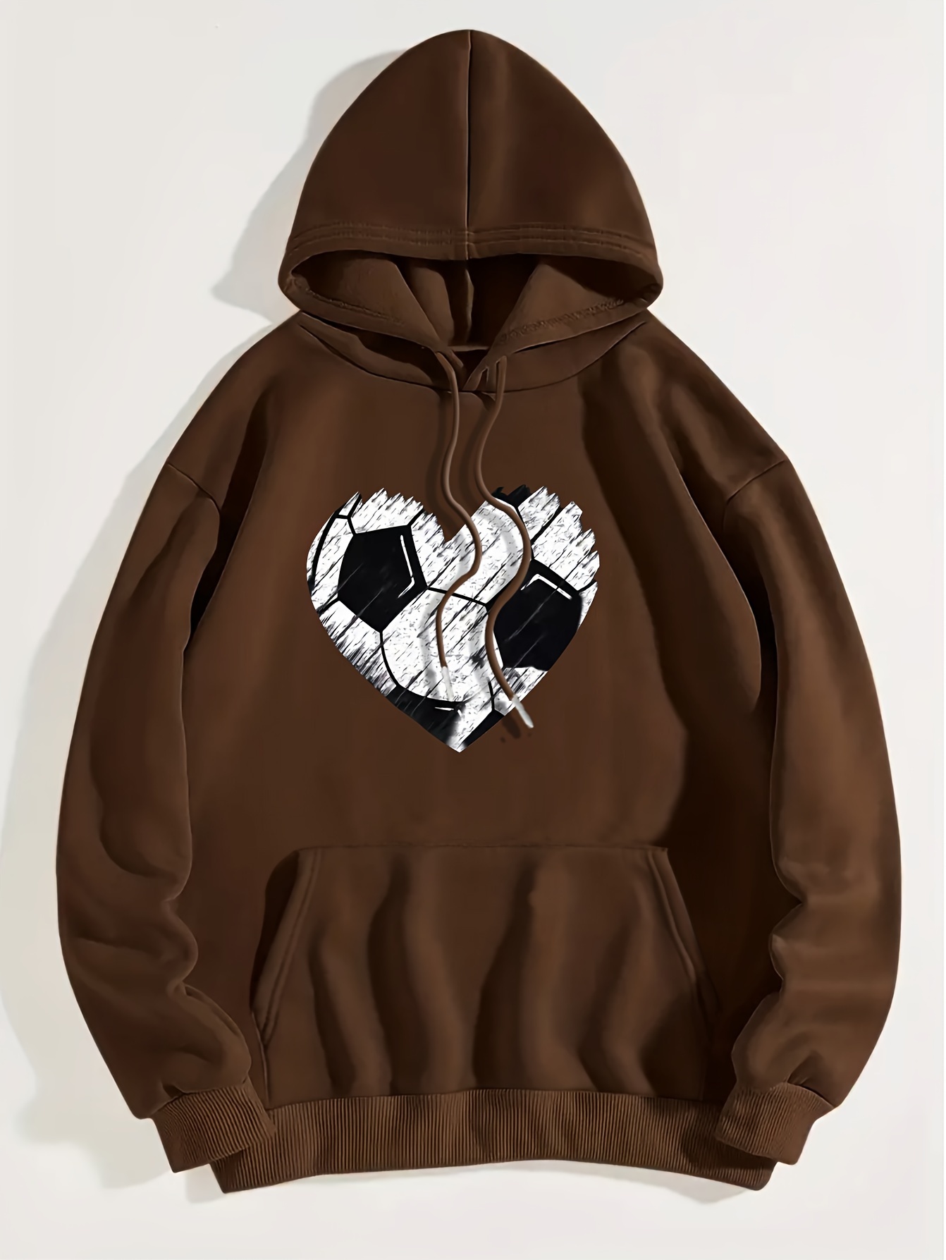 Heart Football Print Hoodie, Casual Kangaroo Pocket Long Sleeve Drawstring Hoodie For Fall & Winter, Women's Clothing