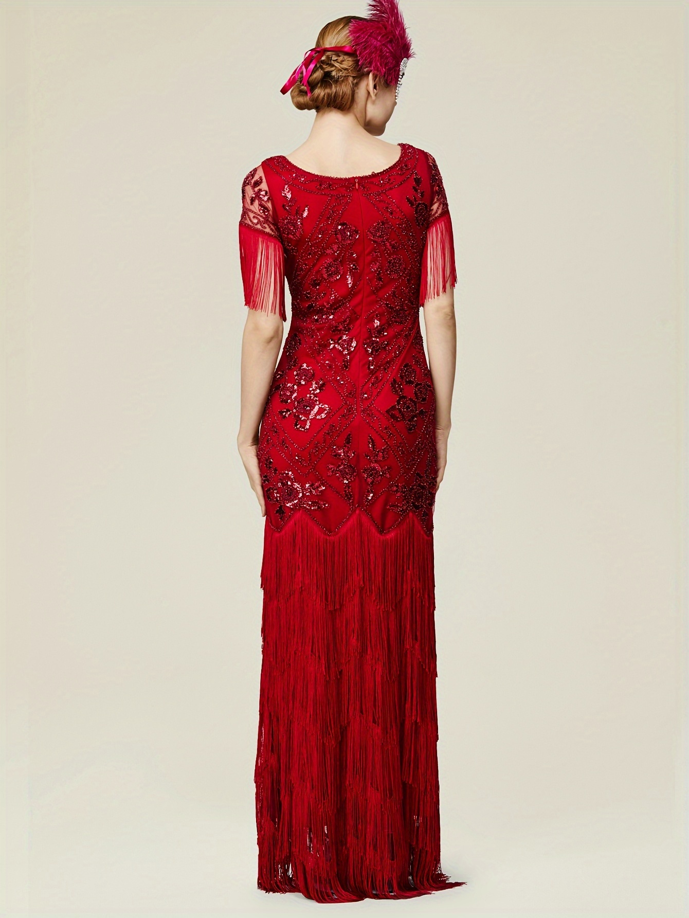 Women's Flapper Dress 1920s V-Neck Evening Gown Sequin Beaded Maxi Dress For Wedding Black Silver