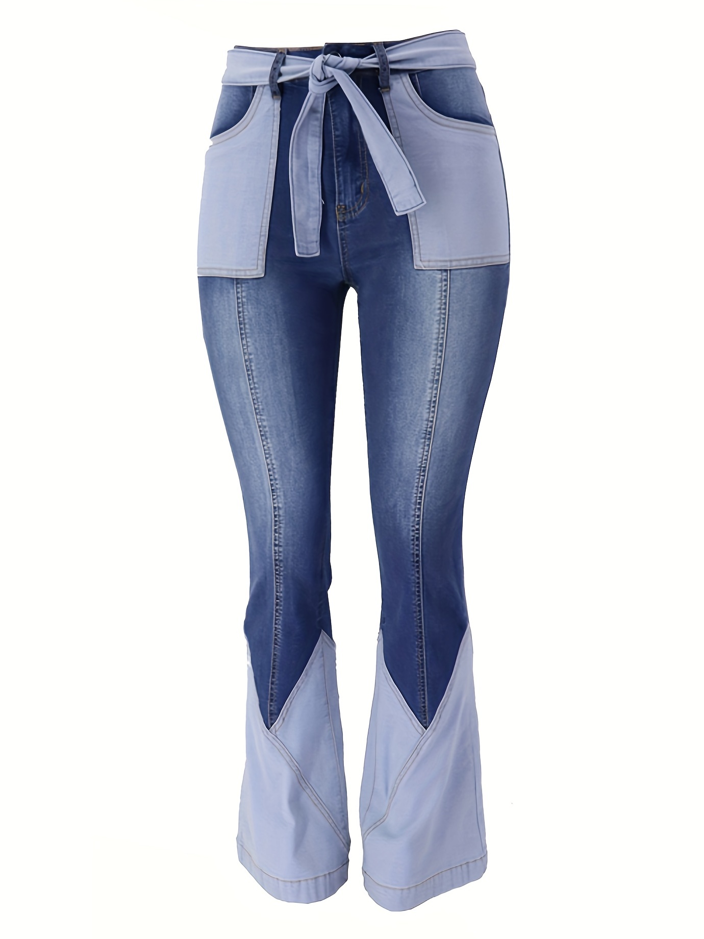 Color Block Flared Jeans, High Waist High-Stretch Bell Bottom Slash Pockets Elastic Waist Denim Pants, Women's Denim Jeans & Clothing