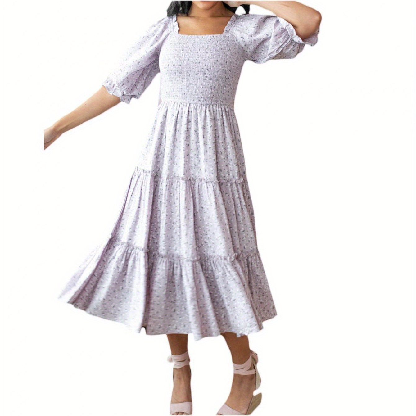 Floral Print Square Neck Shirred Dress, Elegant Puff Sleeve Ruffle Hem Dress Midi Dress For Spring & Summer, Women's Clothing