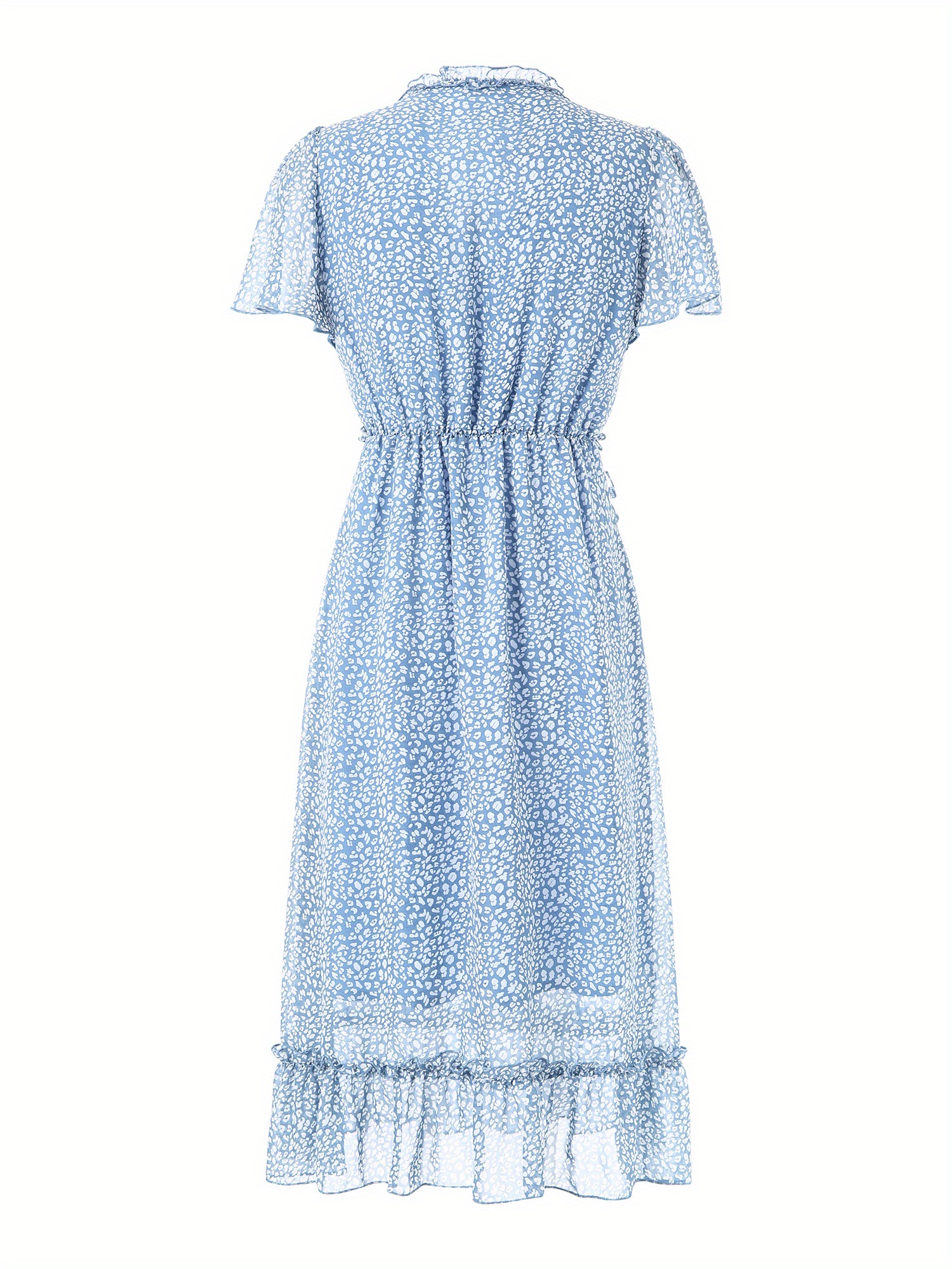 Allover Print V Neck Midi Dress, Casual Ruffle Trim Short Sleeve High Waist Dress, Women's Clothing