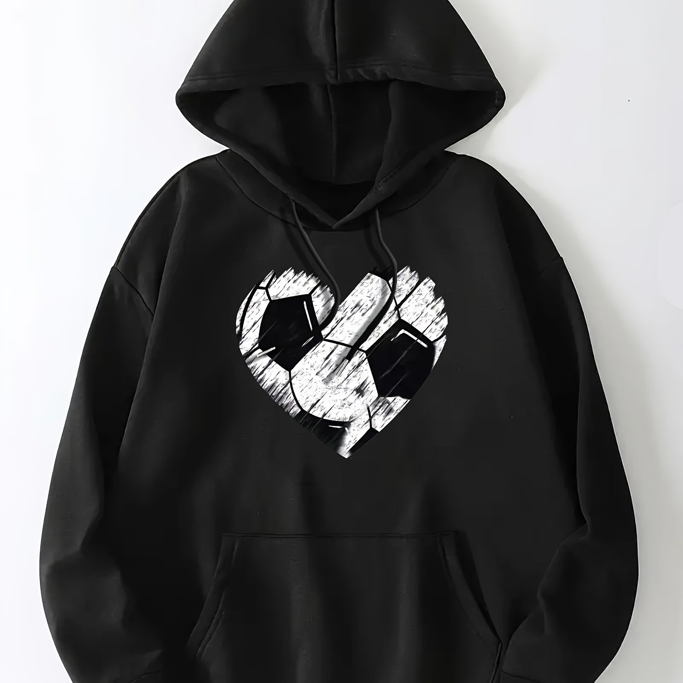 Heart Football Print Hoodie, Casual Kangaroo Pocket Long Sleeve Drawstring Hoodie For Fall & Winter, Women's Clothing