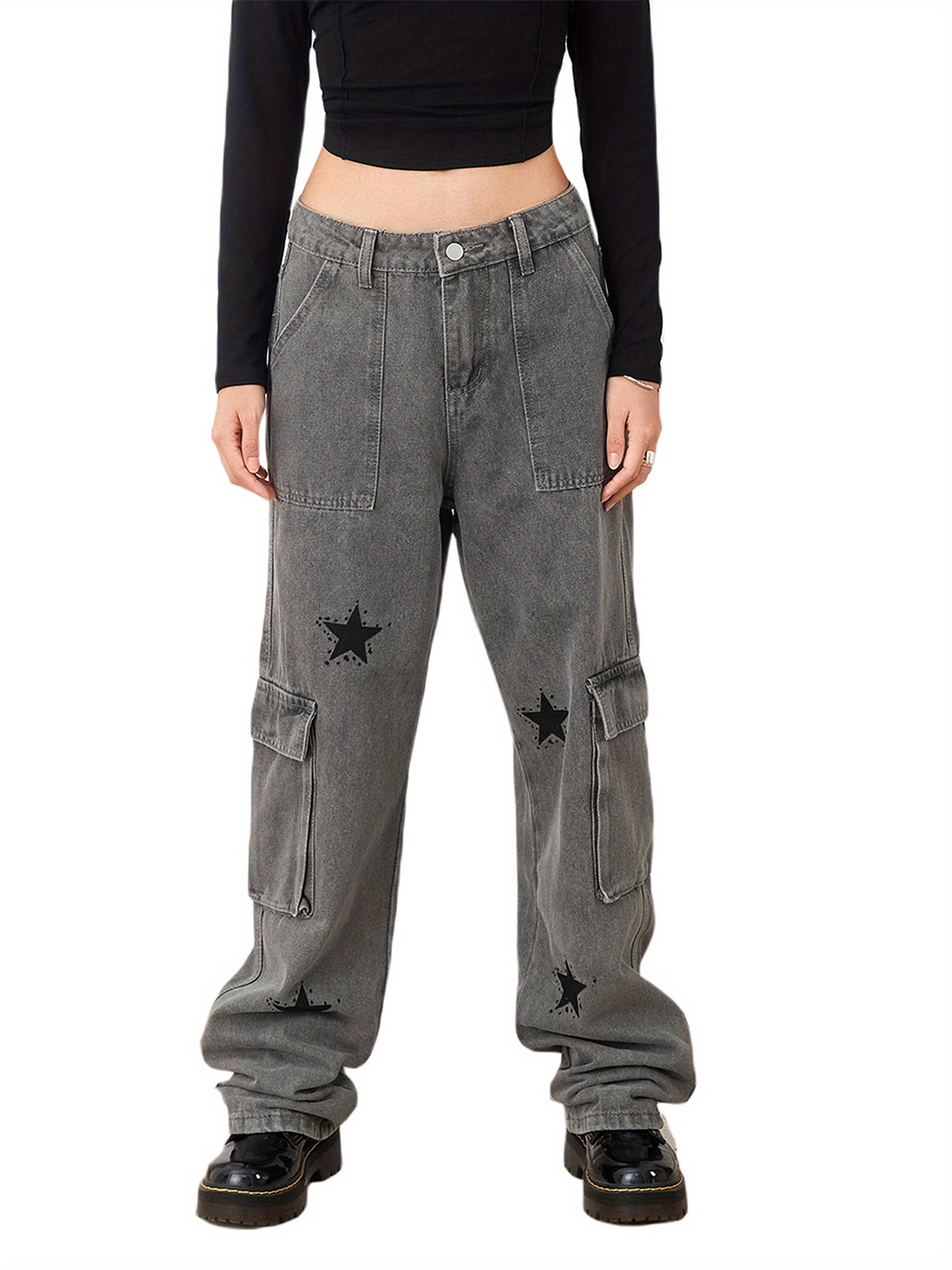 Women Straight Denim Pants, Big Pockets Star Print Long Pants Street Casual Fall Spring Trousers