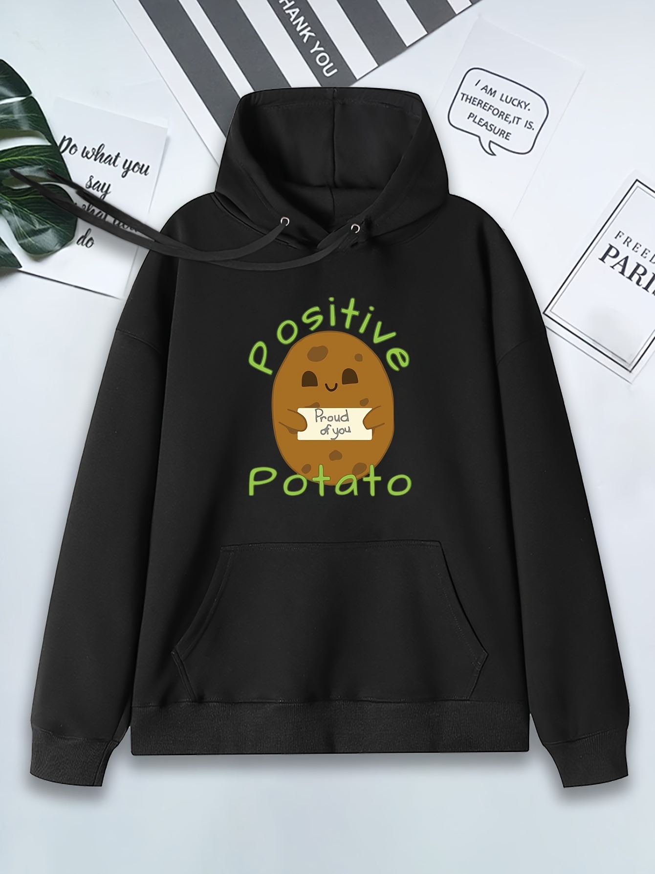 Fashion Creative Potato Chip Print Pattern Hooded Sweatshirt, Drawstring Long Sleeve Front Pocket Sweatshirt, Women's Autumn Winter Sports Sweatshirt, Womens