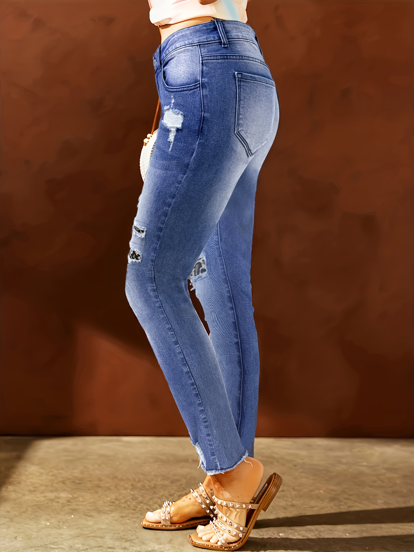 Leopard Print Ripped Patchwork Raw Hem Streetwear Retro Style Jeans, Women's Denim Jeans & Clothing