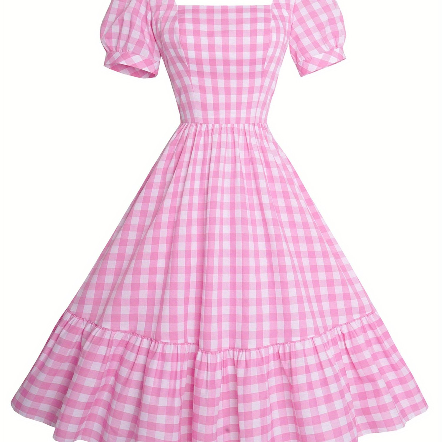 Gingham Print Square Neck Midi Dress, Casual Puff Sleeve A Line Dress For Spring & Summer, Women's Clothing