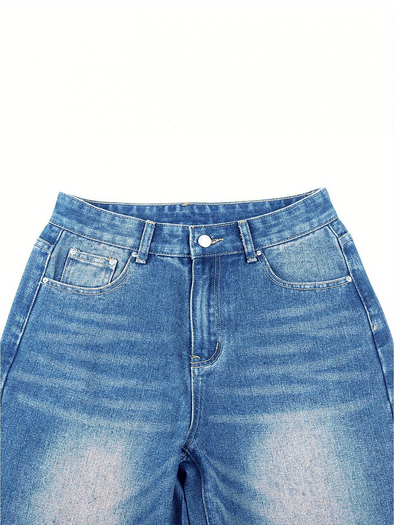 Straight Leg Distressed Washed Casual Style Zipper Button Closure Denim Pants, Women's Denim Jeans & Clothing