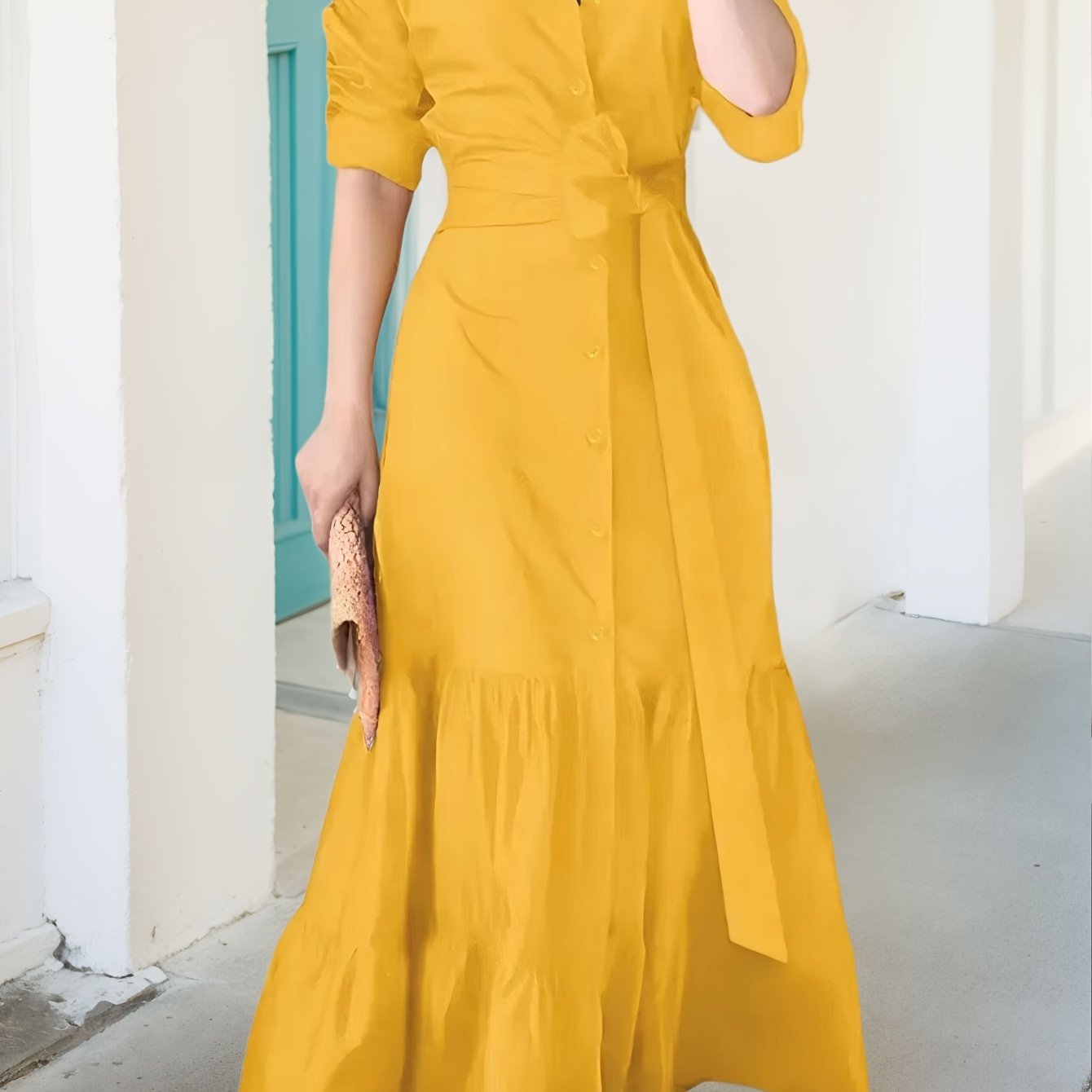 Women's Casual Tie V Neck Dress Fall Winter Long Sleeve A Line Swing Tunic Maxi Dress