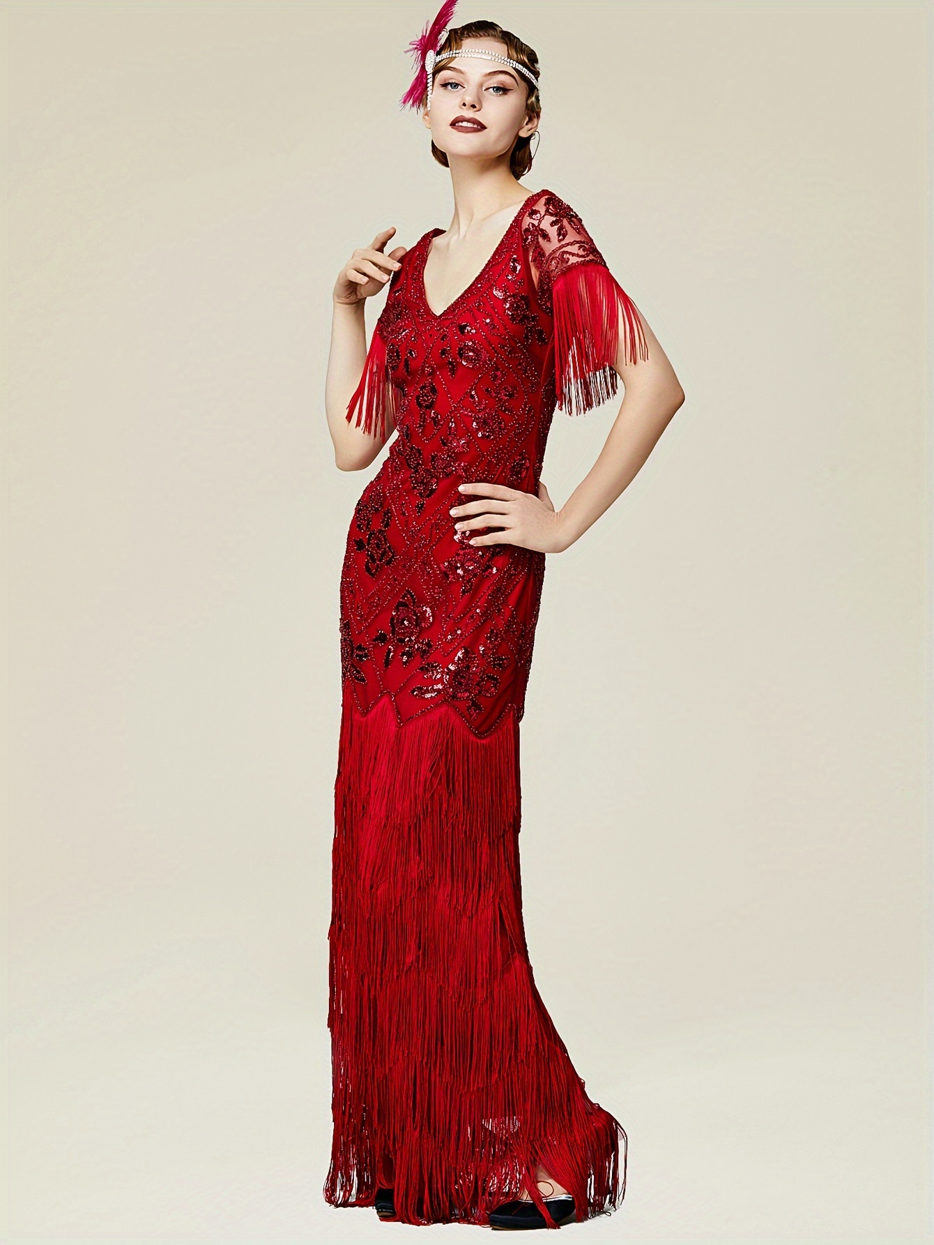 Women's Flapper Dress 1920s V-Neck Evening Gown Sequin Beaded Maxi Dress For Wedding Black Silver