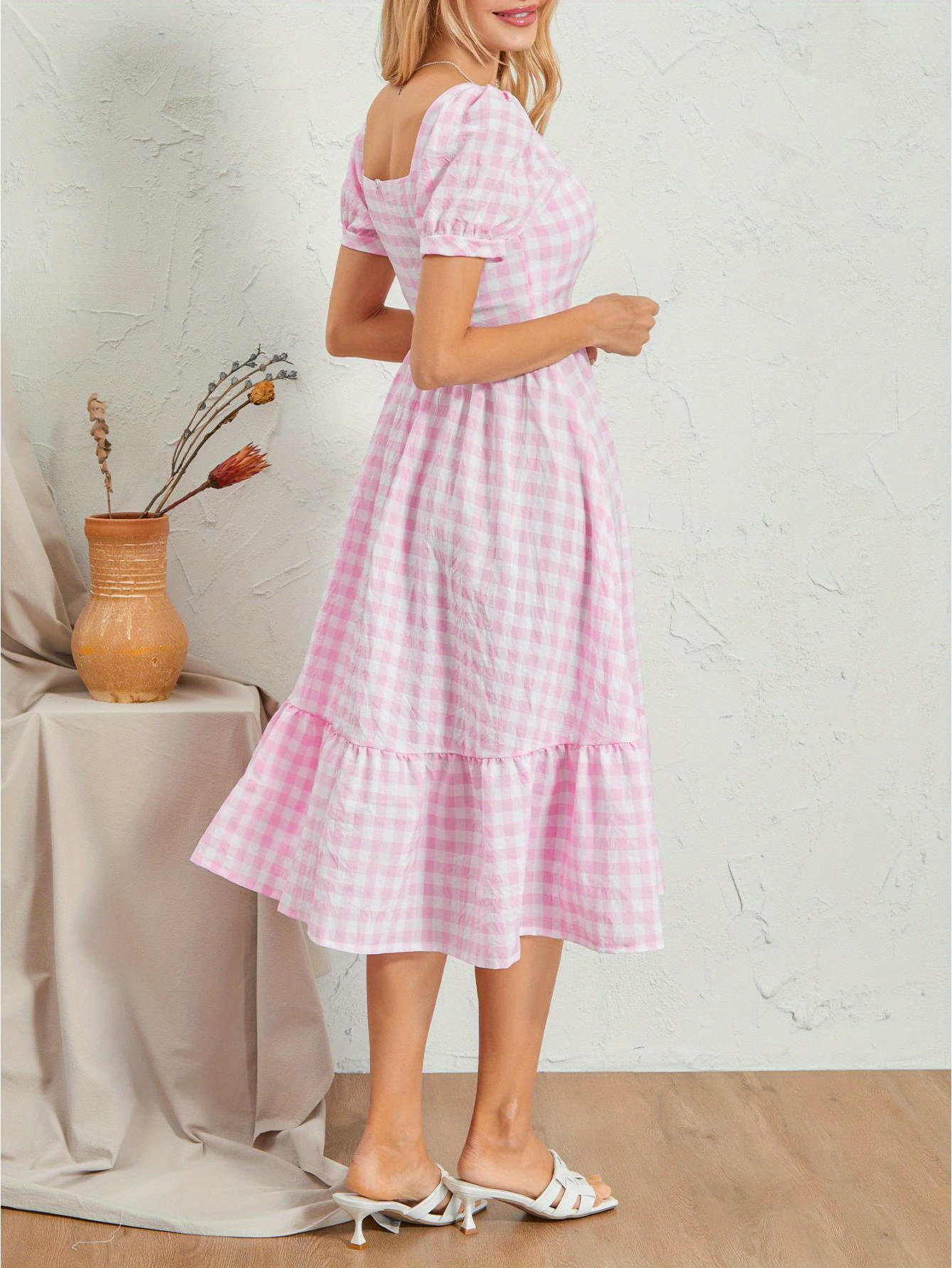 Gingham Print Square Neck Midi Dress, Casual Puff Sleeve A Line Dress For Spring & Summer, Women's Clothing