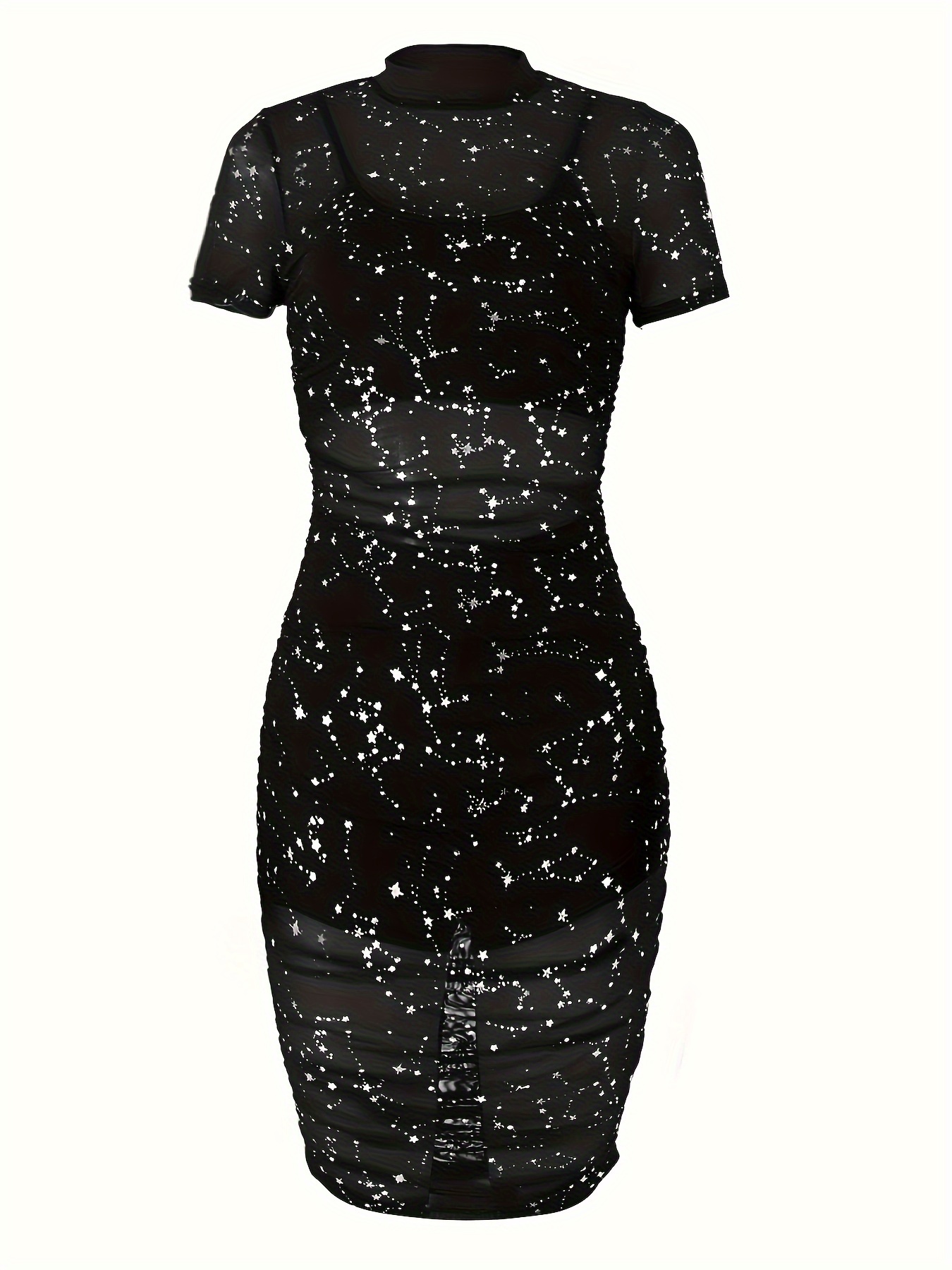 3 Piece Outfits For Women Glitter See Through Short Sleeve Ruched Mesh Dress With Crop Tops And Shorts