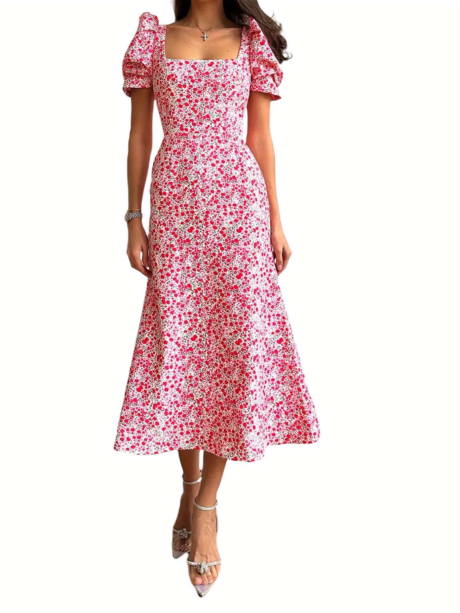 Floral Print Square Neck Midi Dress, Elegant Puff Sleeve A Line Dress For Spring & Summer, Women's Clothing