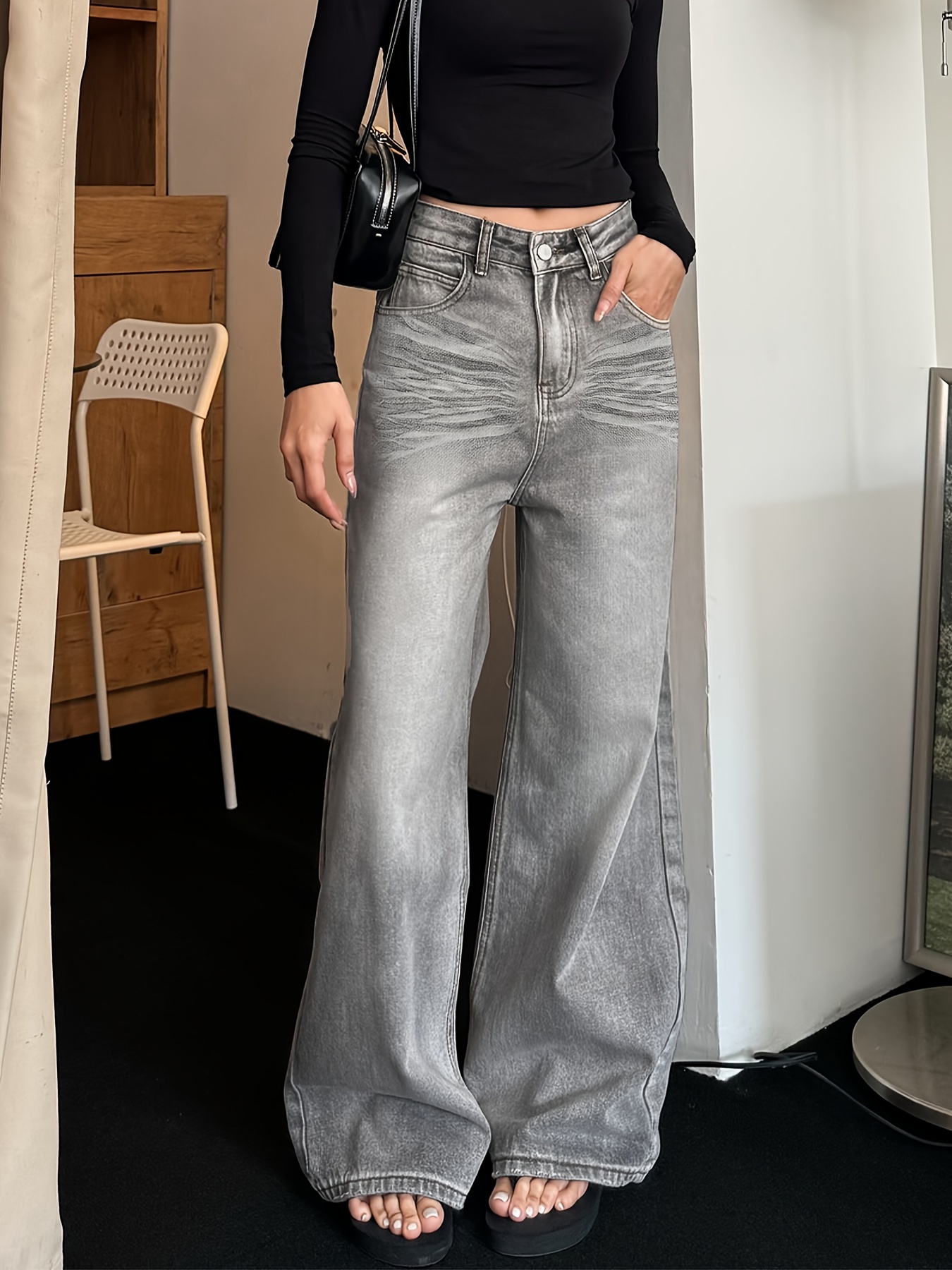 Women's Retro High-Waisted Jeans, Cotton Blend, Four-Seasonal, Straight Leg, Pocket, Machine Washable, NVFelix Brand