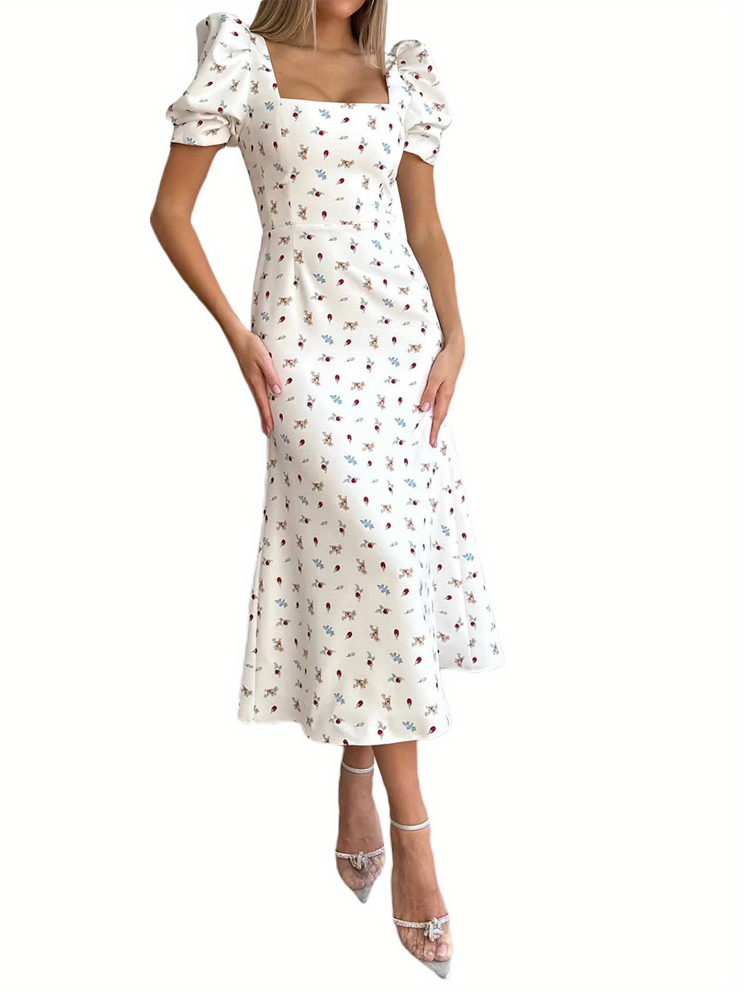 Floral Print Square Neck Midi Dress, Elegant Puff Sleeve A Line Dress For Spring & Summer, Women's Clothing