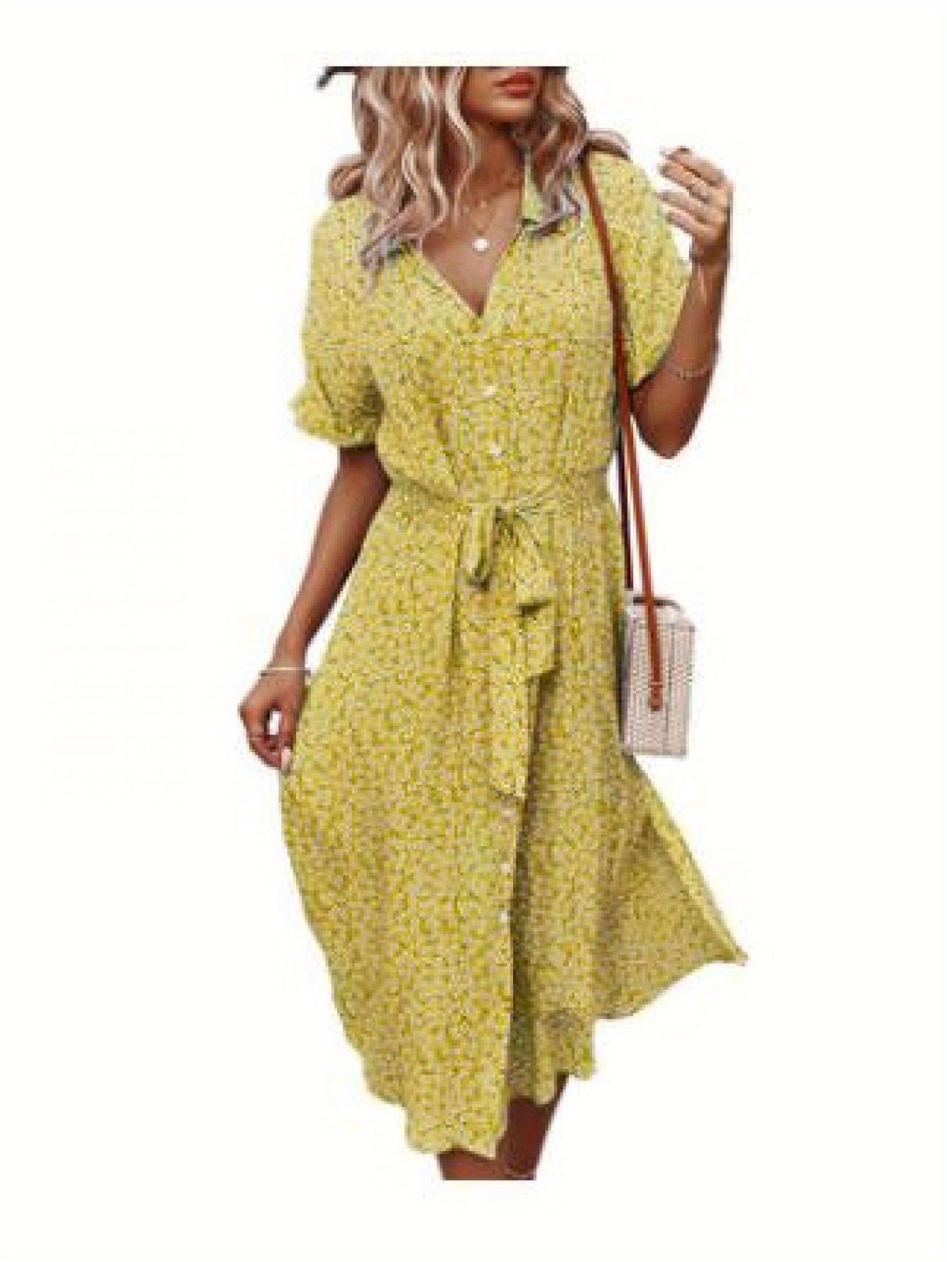 Allover Print Single Breasted Shirt Dress, Elegant Short Sleeve Belted Dress For Spring & Summer, Women's Clothing