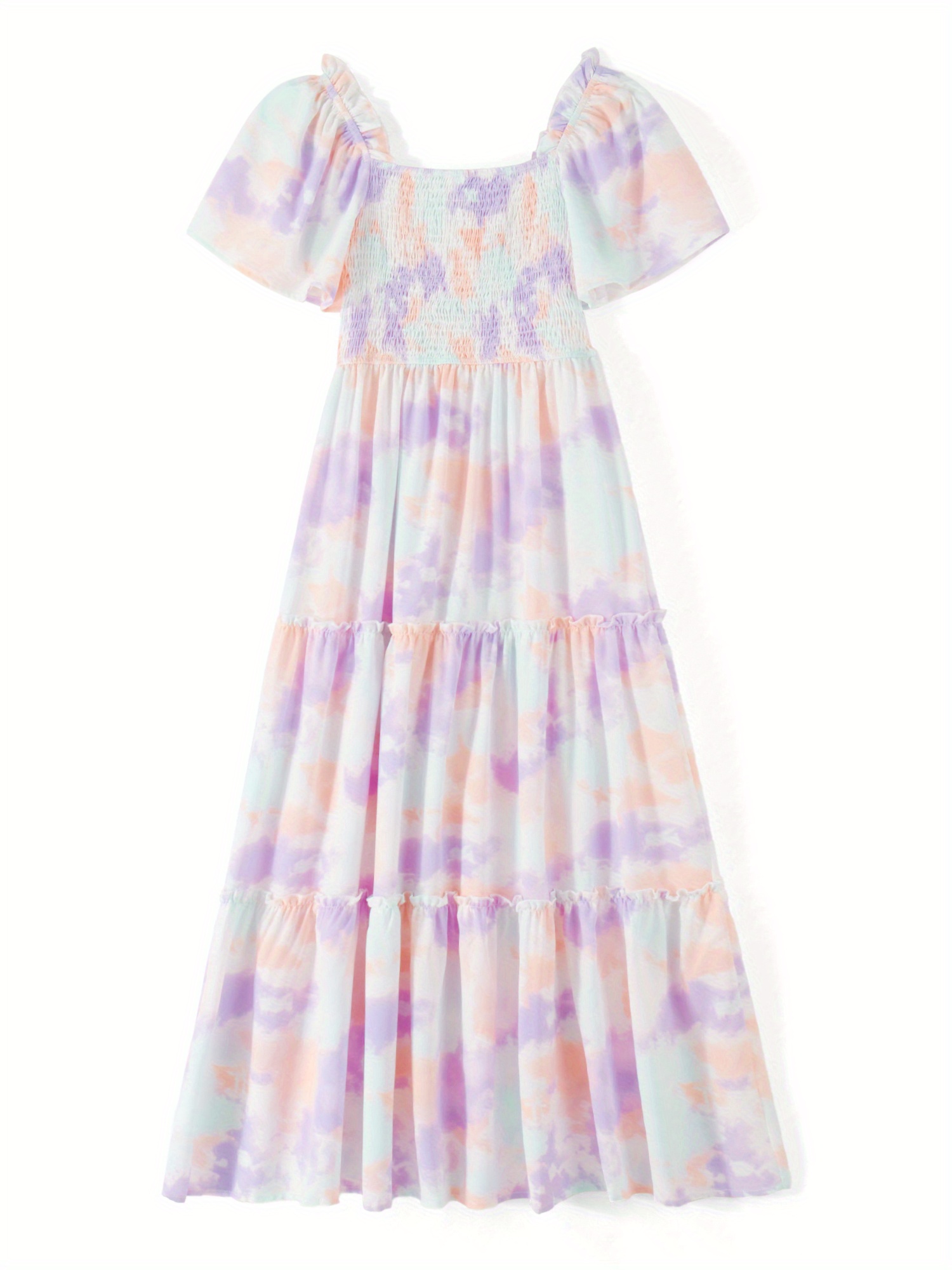 Parent-child Summer Casual A-line Dress Short Sleeve Square Neck Tie Dye Print Dress