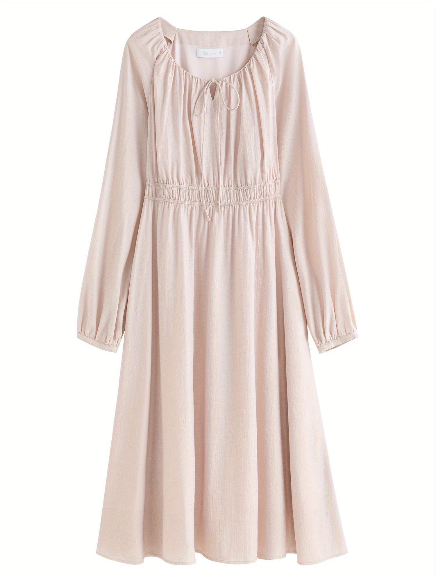 Fsle Women's Elegant Long Sleeve Midi Dress - Casual Crew Neck, Waist-Cinching, Solid Color With Textured Detail, Viscose FPolyester FPolyamide Blend, Hand Washable, Fall Season