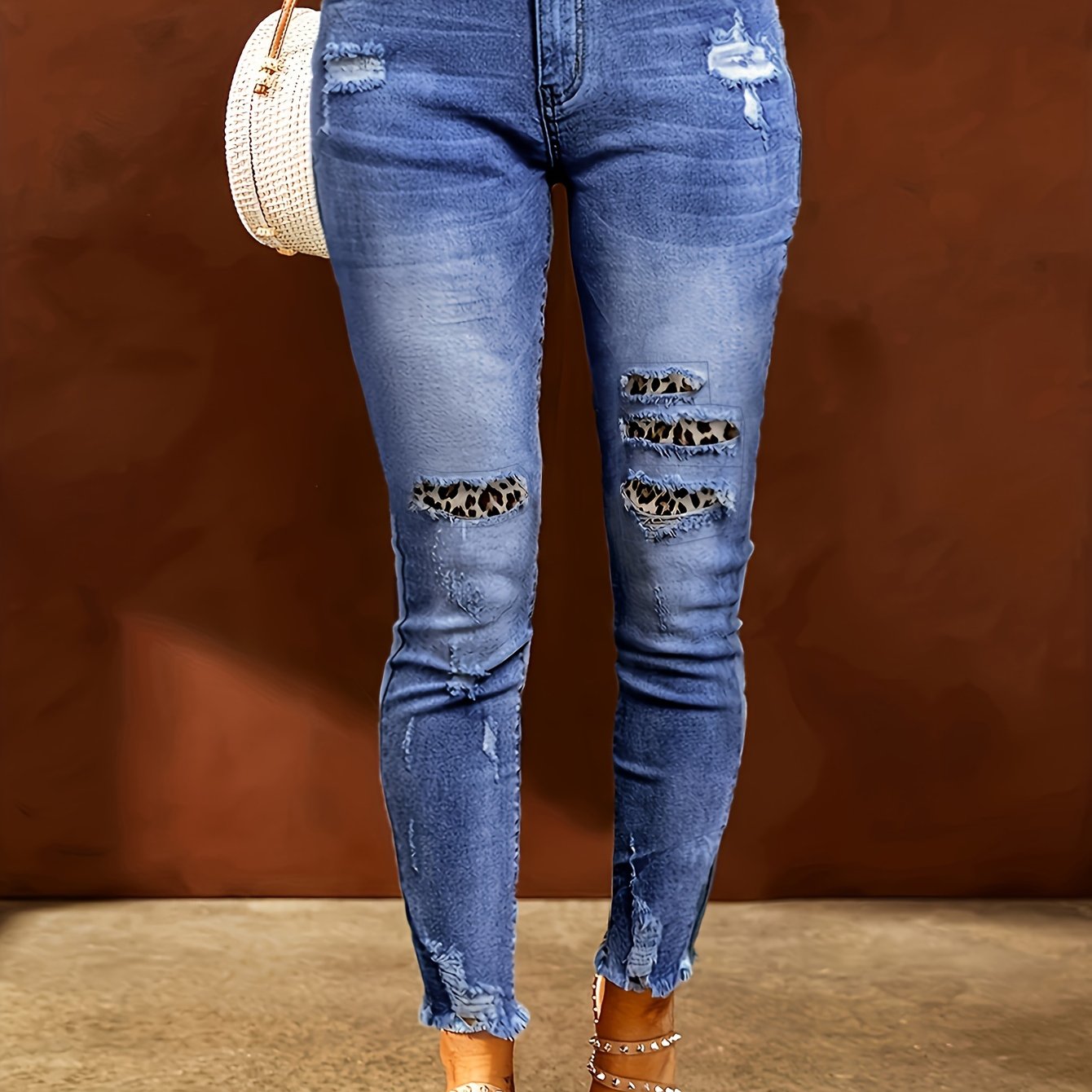 Leopard Print Ripped Patchwork Raw Hem Streetwear Retro Style Jeans, Women's Denim Jeans & Clothing