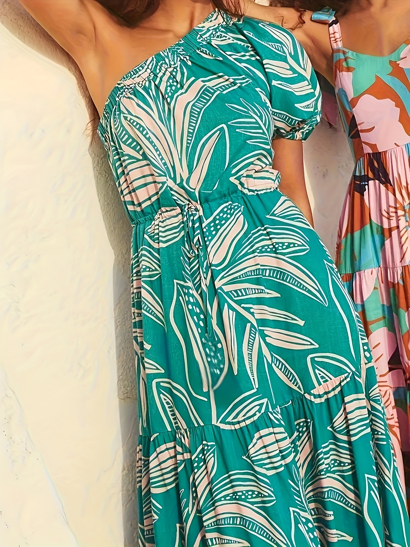 Women's One Shoulder Floral Long Dress, Print Puff Sleeve Asymmetrical Neck Ruffle Maxi Dress, A-Line Summer Vacation High Waist Beach Dress