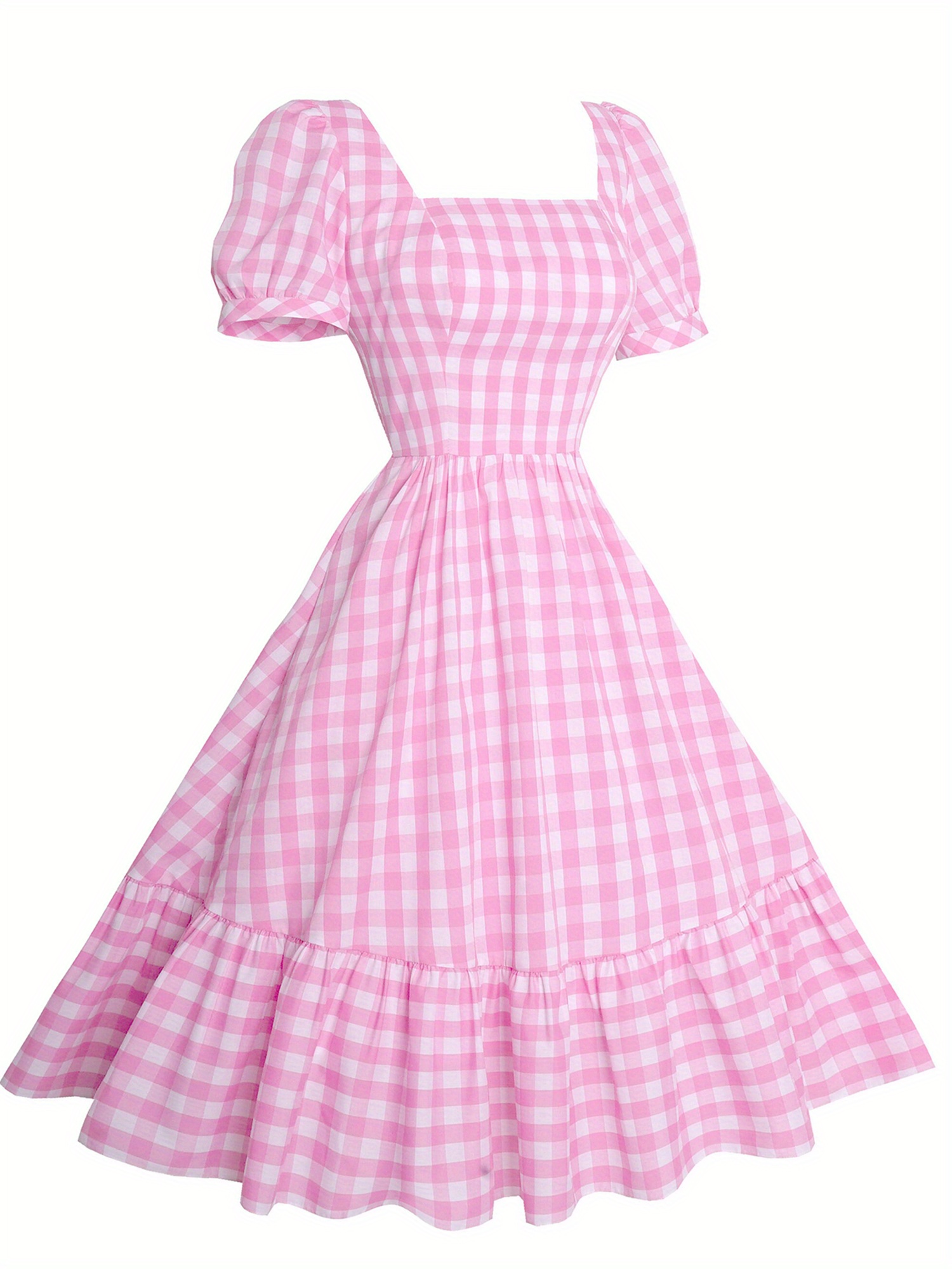 Gingham Print Square Neck Midi Dress, Casual Puff Sleeve A Line Dress For Spring & Summer, Women's Clothing