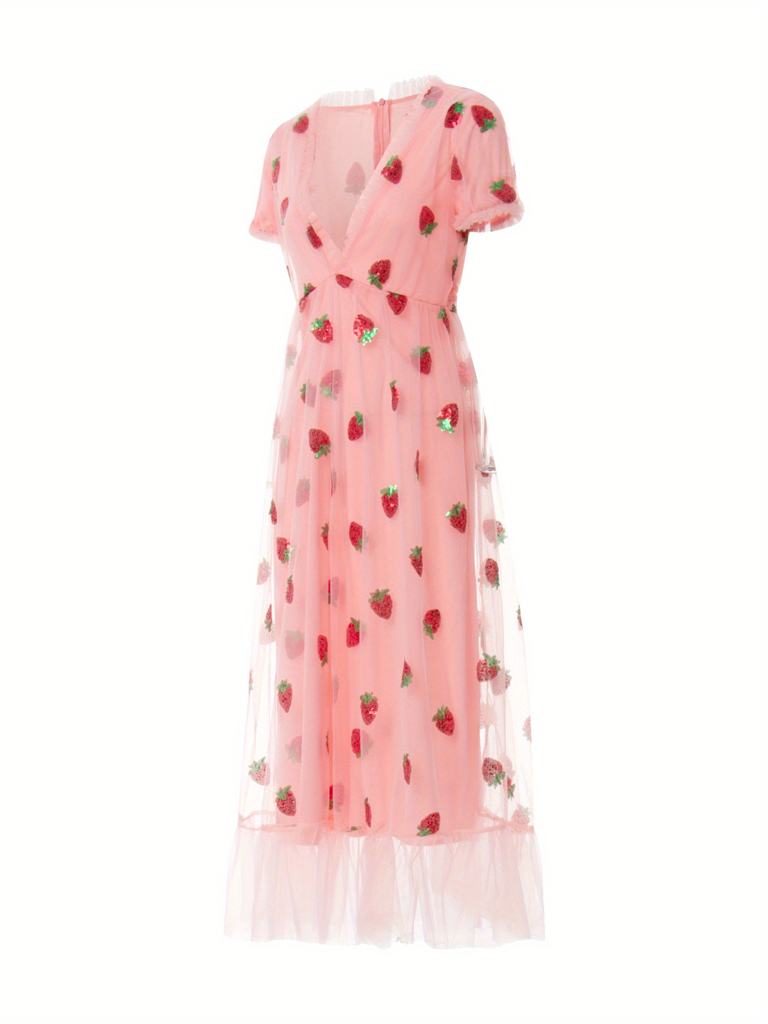 Women Sequin Embroidered Strawberry Cocktail Dress Lace Up Mesh Yarn Plunge V Neck A-line Pleated Dresses
