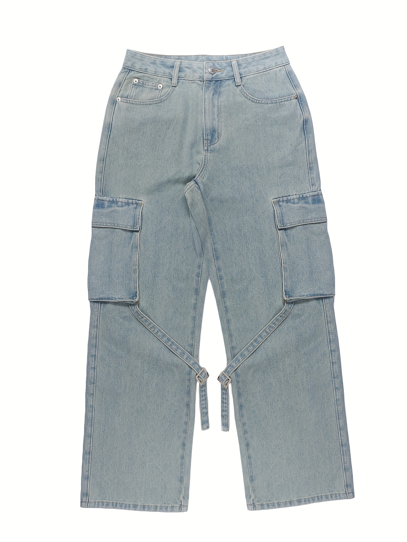 Women's High-Waisted Retro Streetwear Style Adjustable Belted Flare Jeans With Multiple Pockets, Cotton And Polyester Blend, Machine Washable