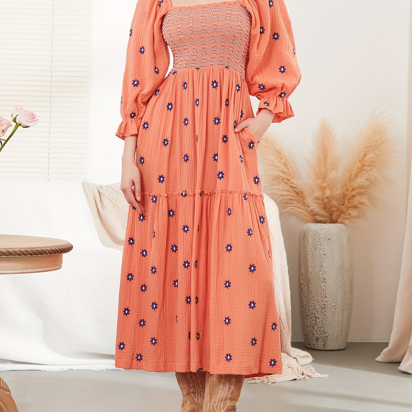 Women Summer Casual Long Dress 3D Embroidered Flowers Square Neck Puff Sleeve Dress Fashion Backless A-line Dress