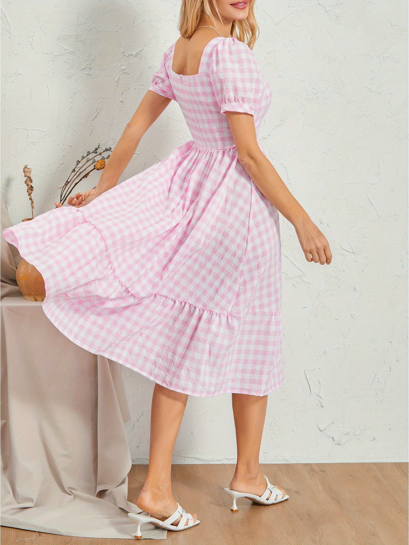 Gingham Print Square Neck Midi Dress, Casual Puff Sleeve A Line Dress For Spring & Summer, Women's Clothing