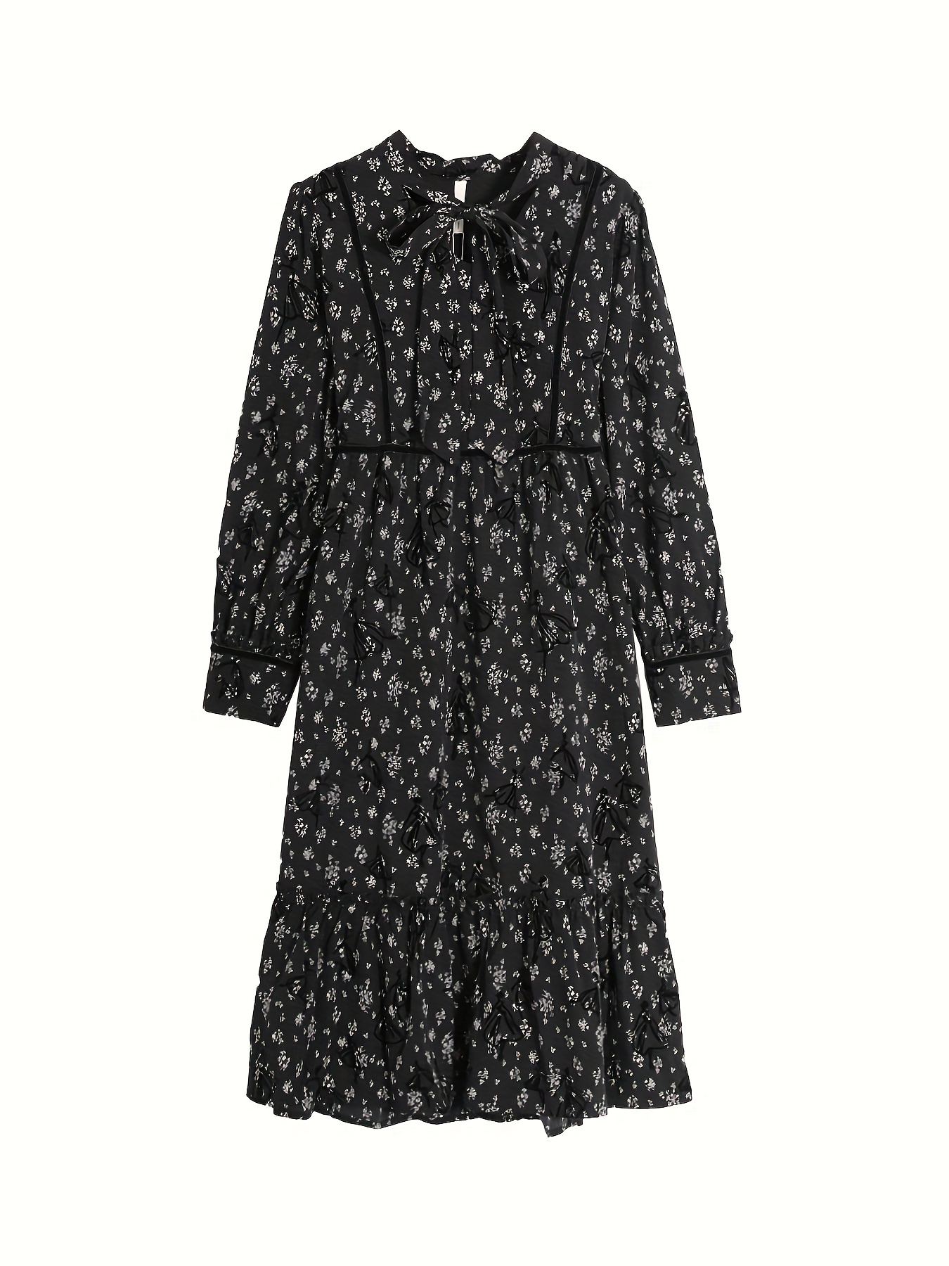 Floral Print Tie Neck Dress, Casual Long Sleeve Knee Length Dress For Spring & Fall, Women's Clothing