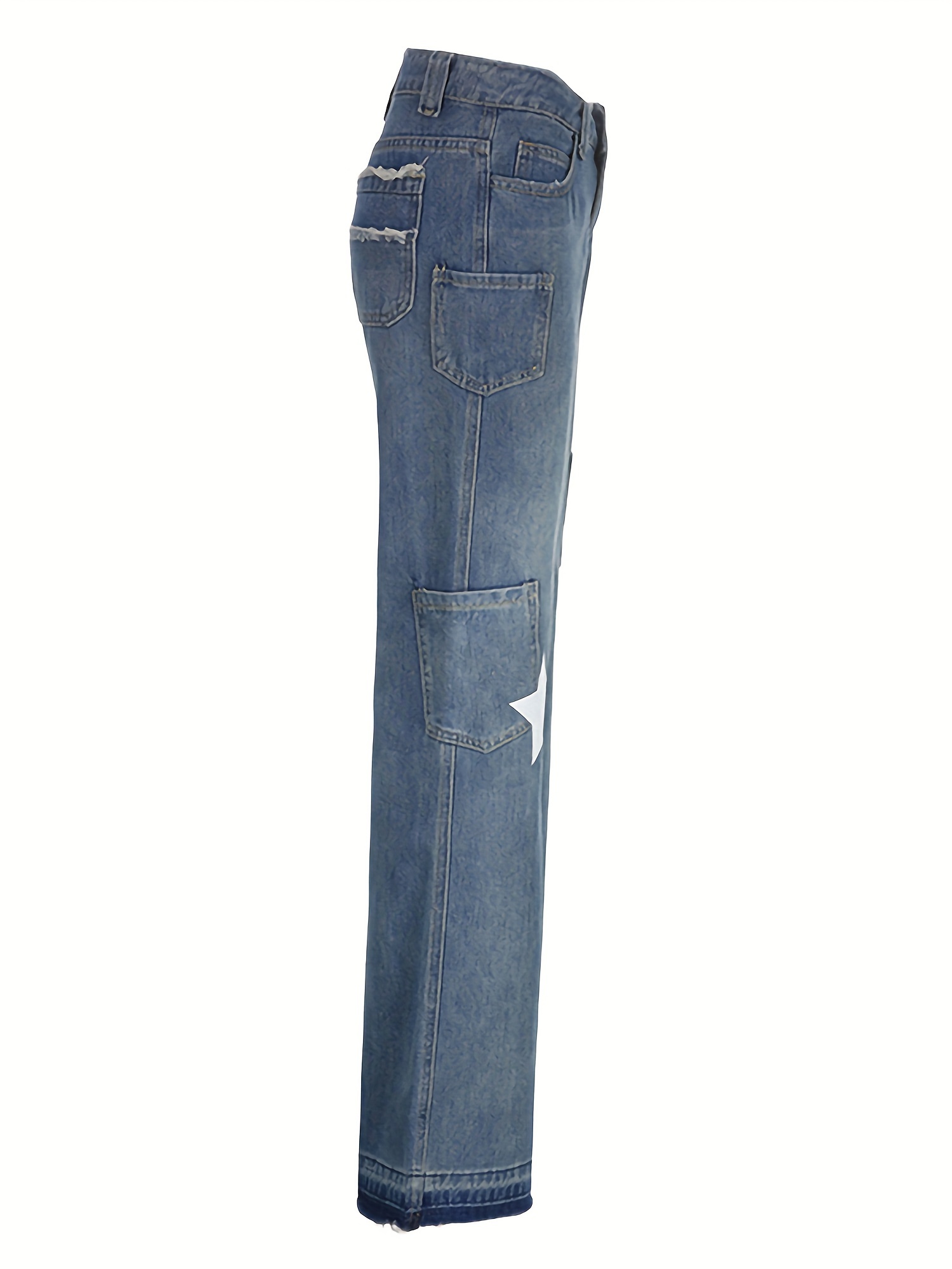 Female Jeans, Star Patterns High Waist Long Straight-Leg Pants With Pockets For Spring Fall, Blue, S FM FL