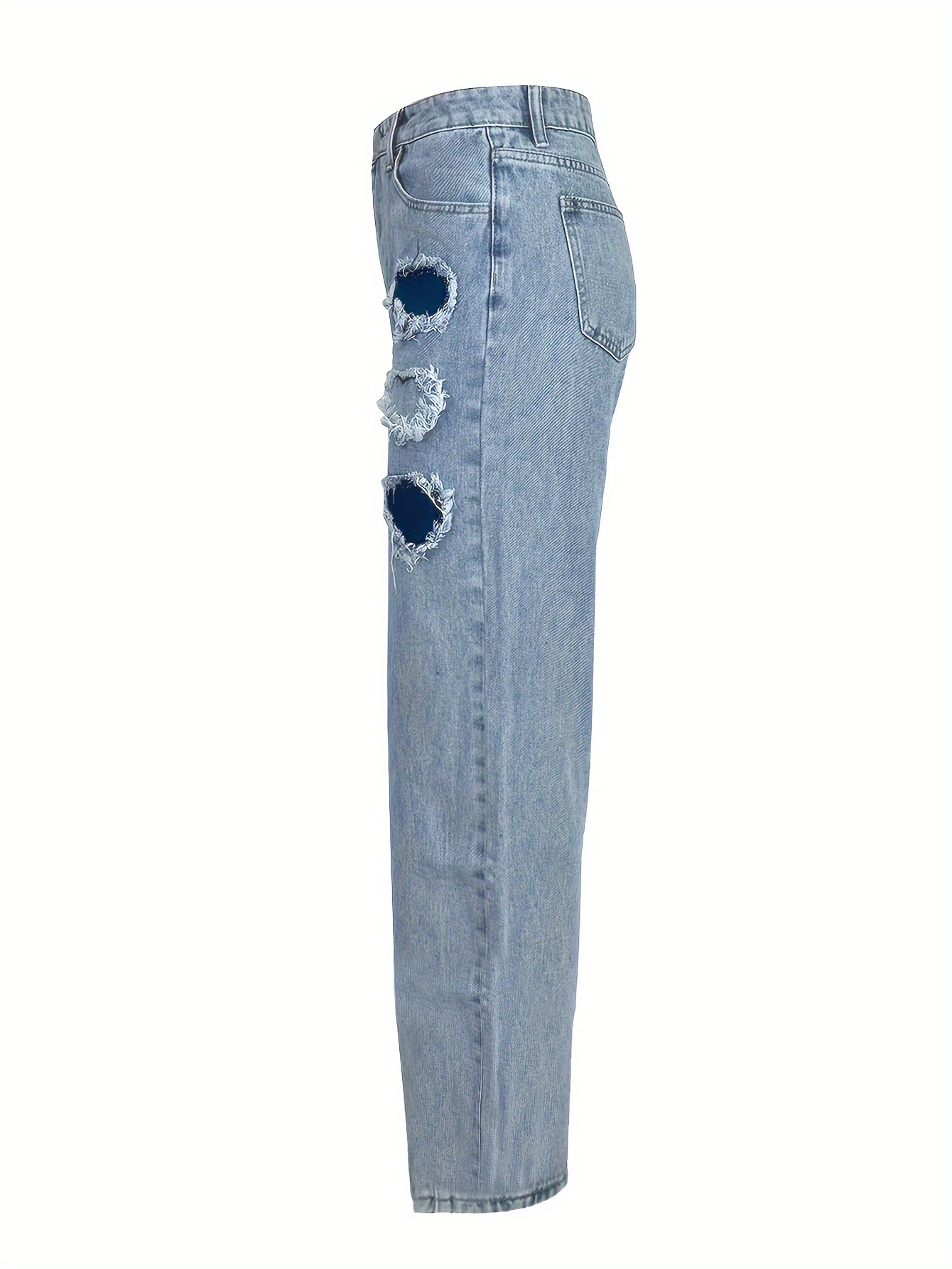 Women's Street Style Heart Raw Detail High-Waisted Distressed Straight Leg Jeans Cute Denim Pants