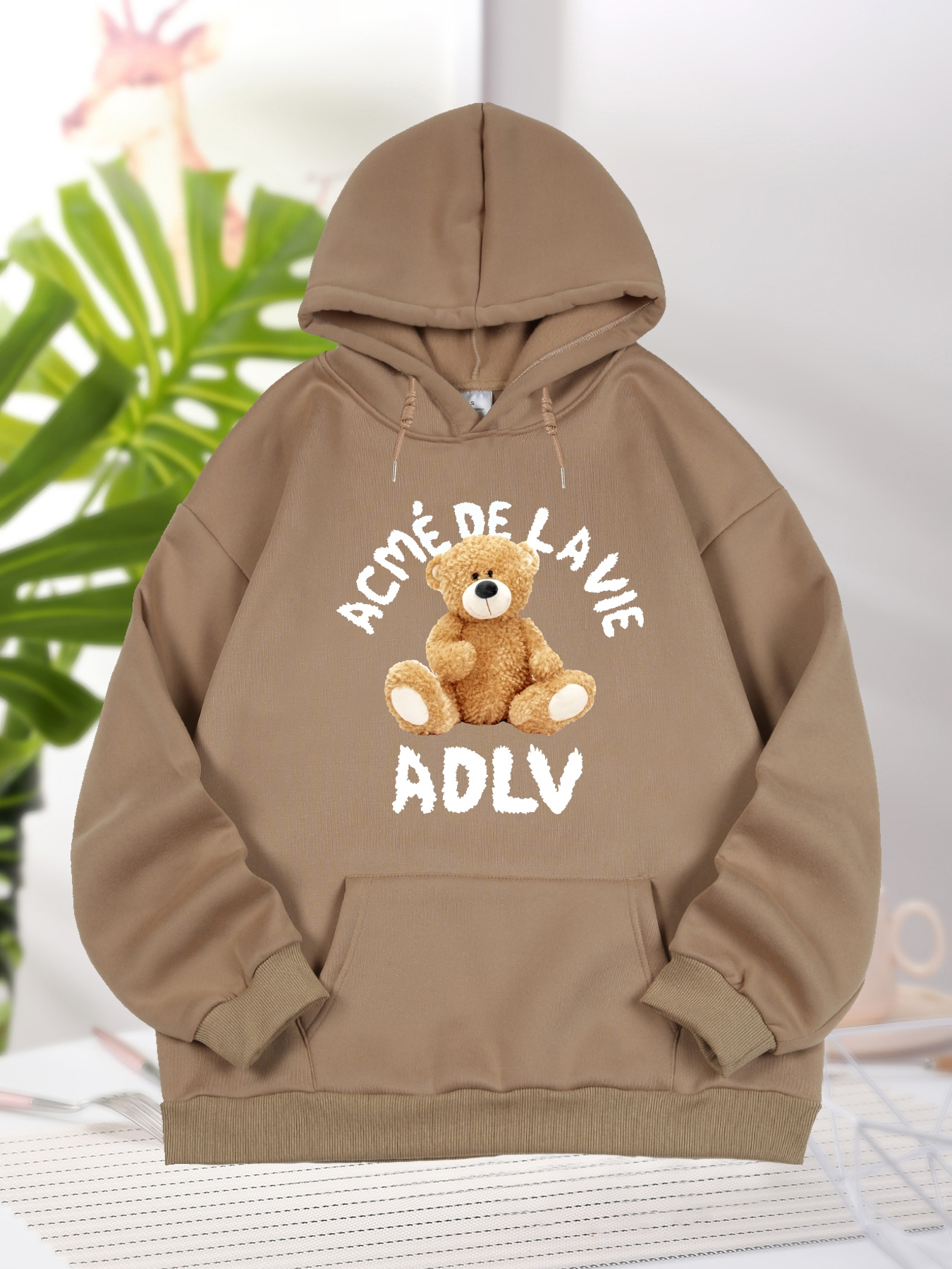 Bear And Letter Graphic Long Sleeve Hooded Sweatshirt, Fashion Drawstring Kangaroo Pocket Hoodie, Women's Clothing